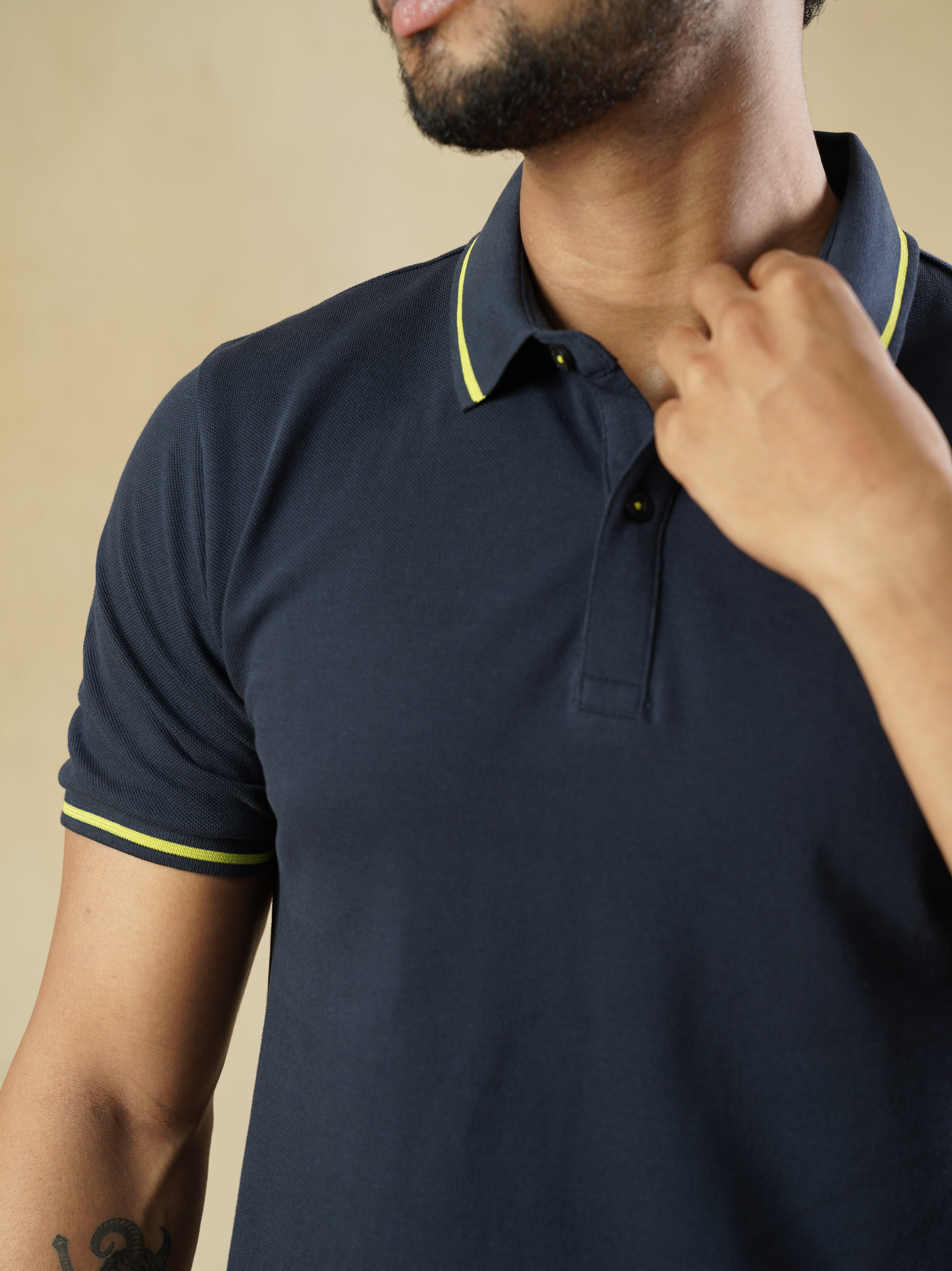 Men’s Navy Cotton Polo T-Shirt with Yellow Contrast Tipping