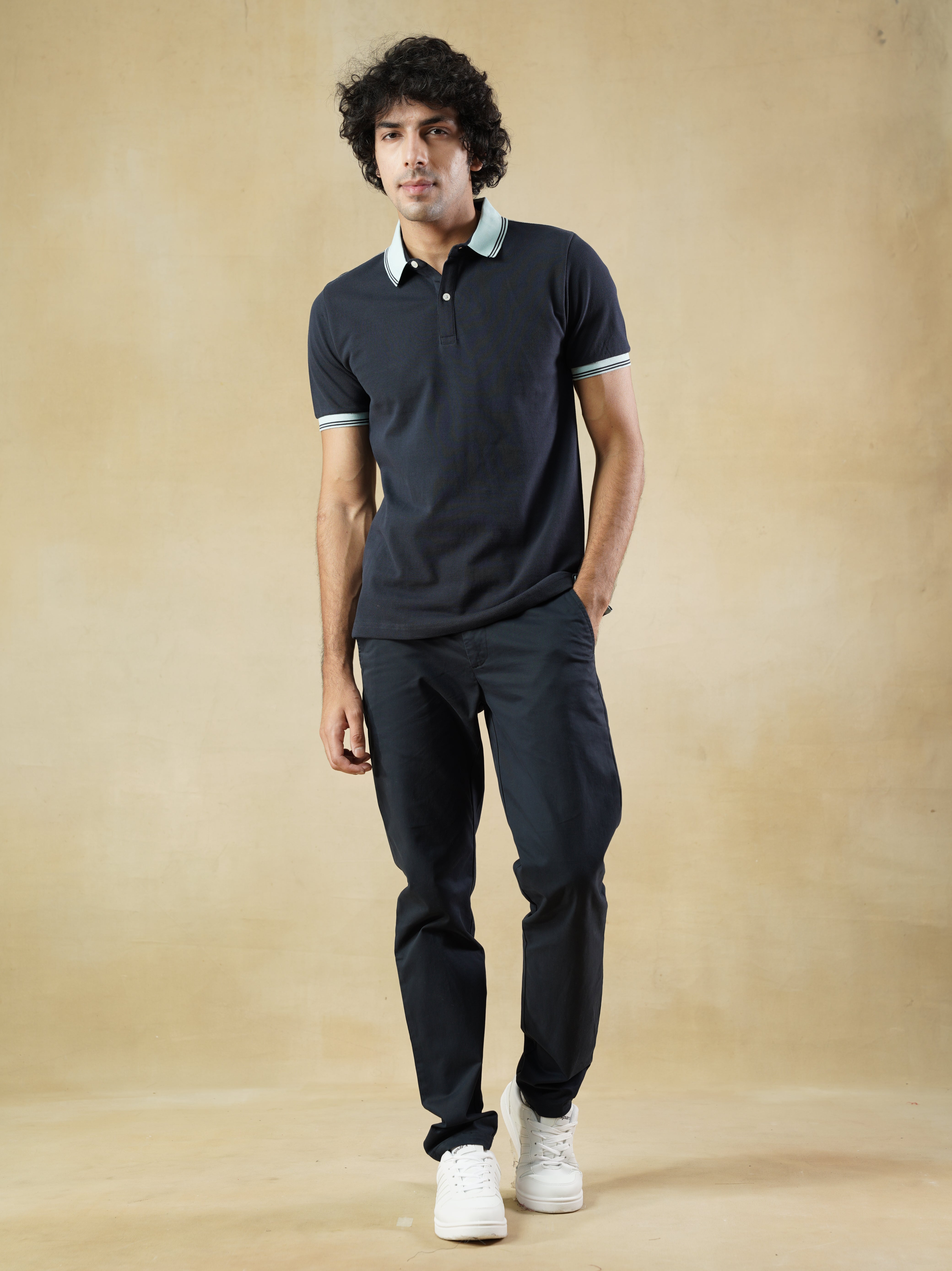 Navy Cotton Polo T-shirt with Contrast Collar