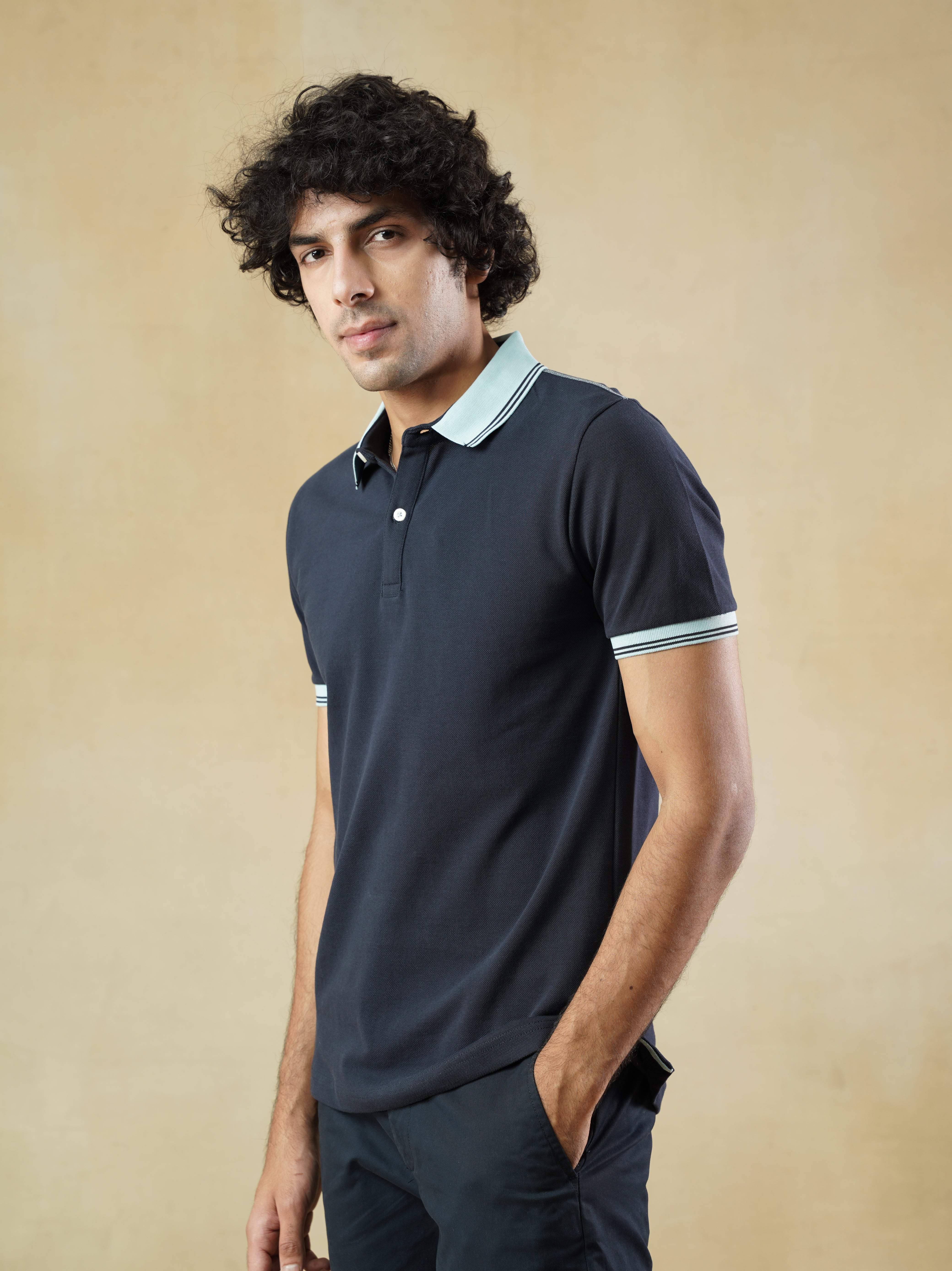 Navy Cotton Polo T-shirt with Contrast Collar