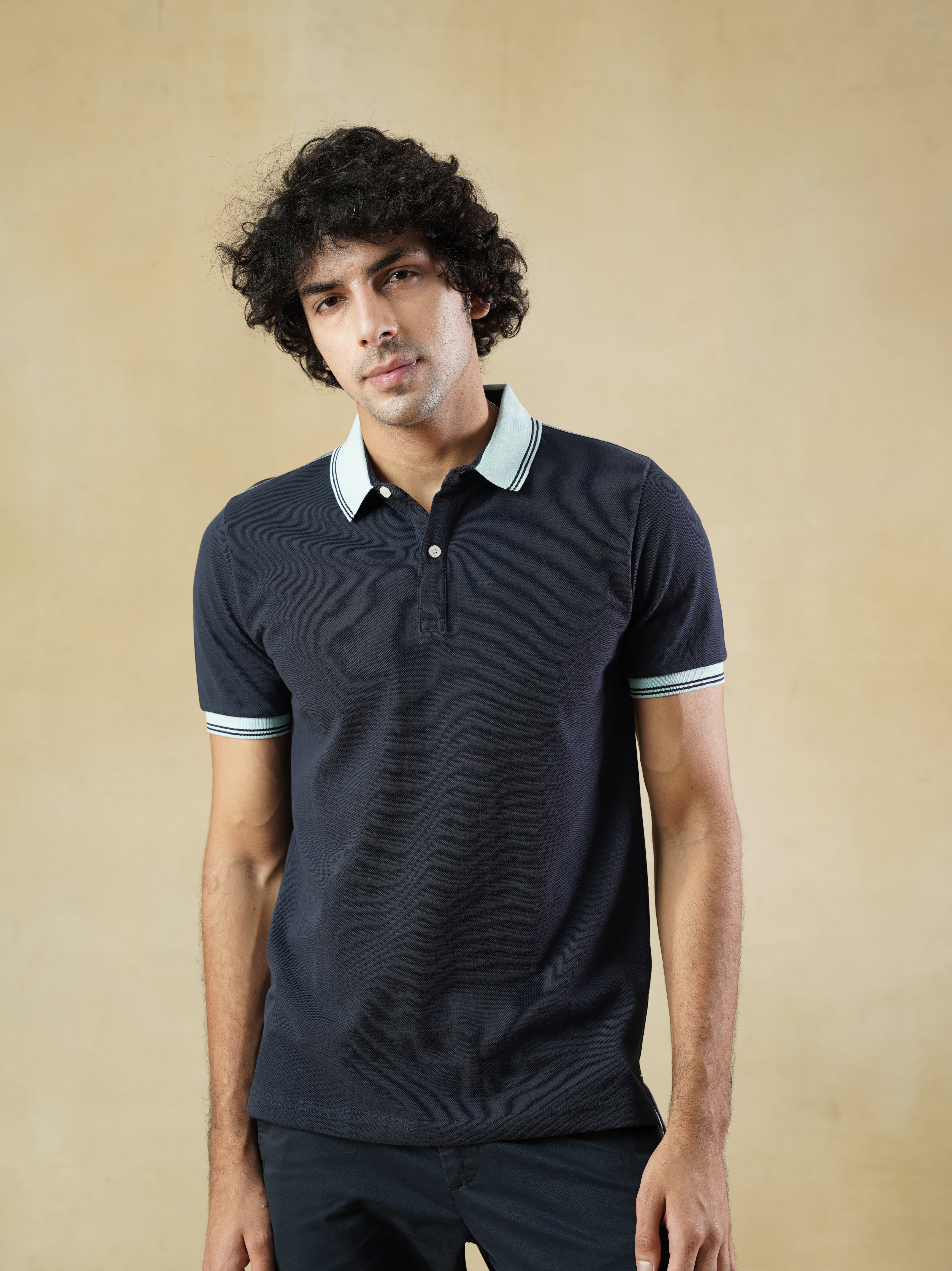 Navy Cotton Polo T-shirt with Contrast Collar