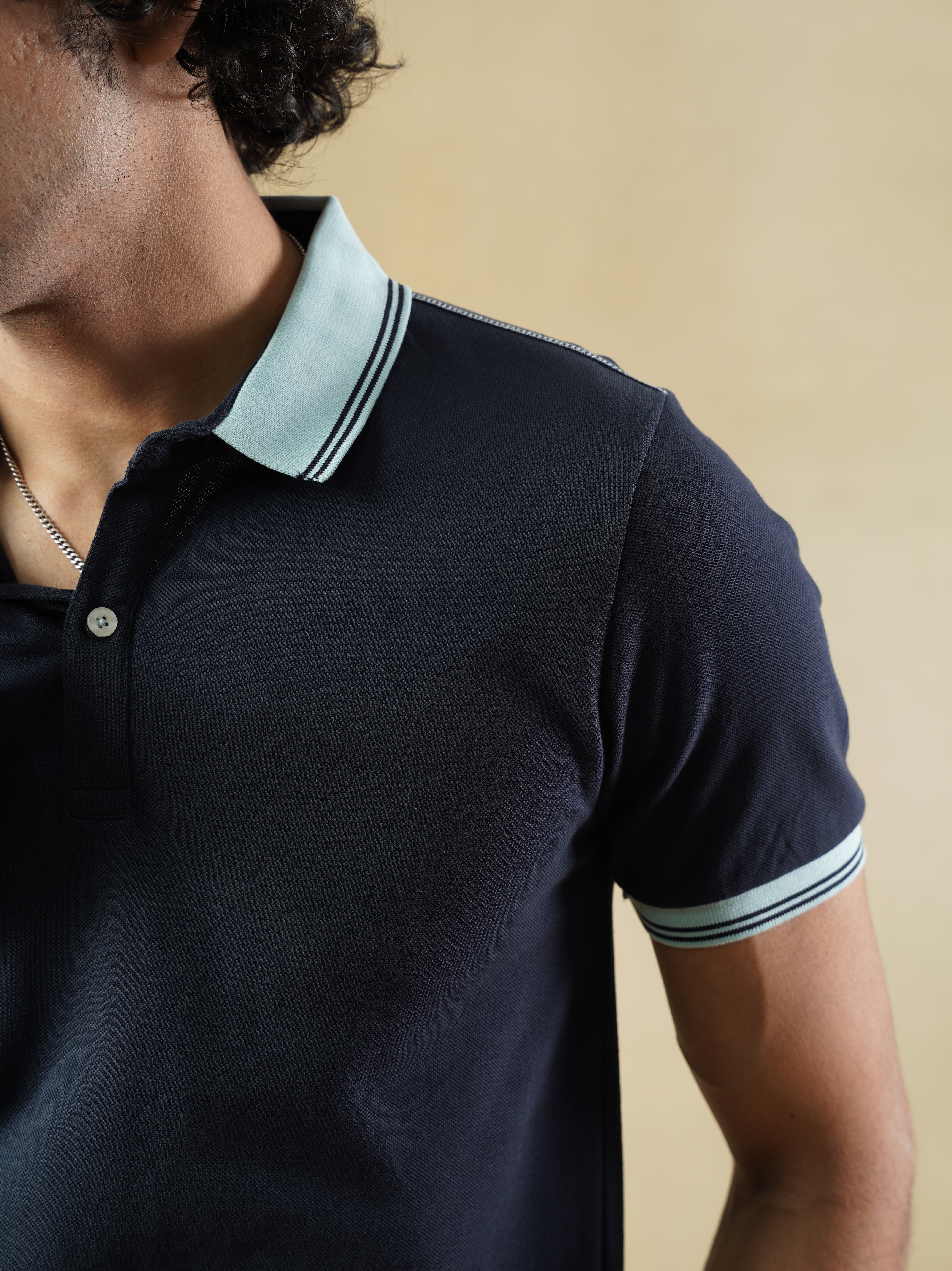 Navy Cotton Polo T-shirt with Contrast Collar