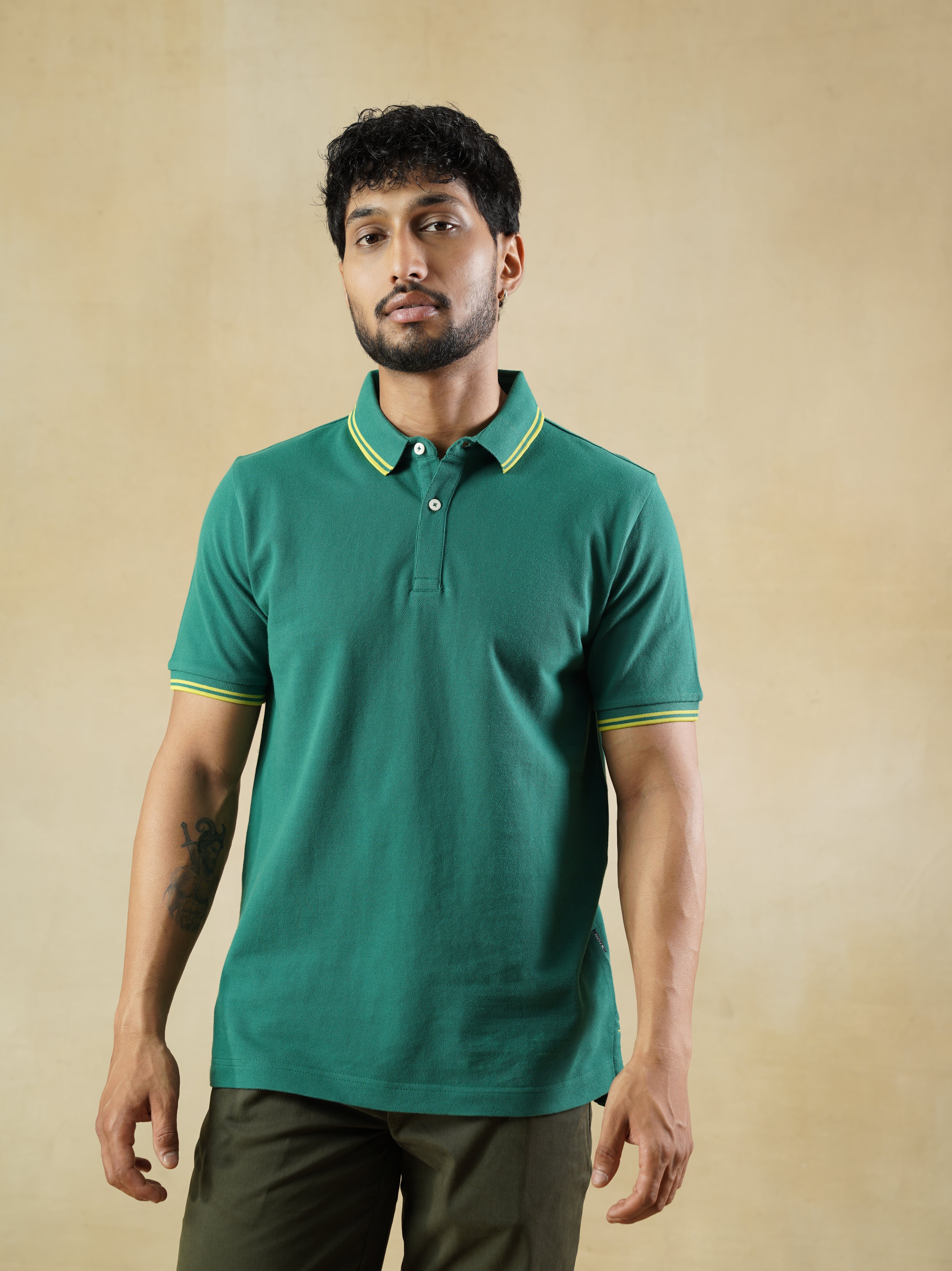 Men's 100% cotton Green Polo Neck T-Shirt