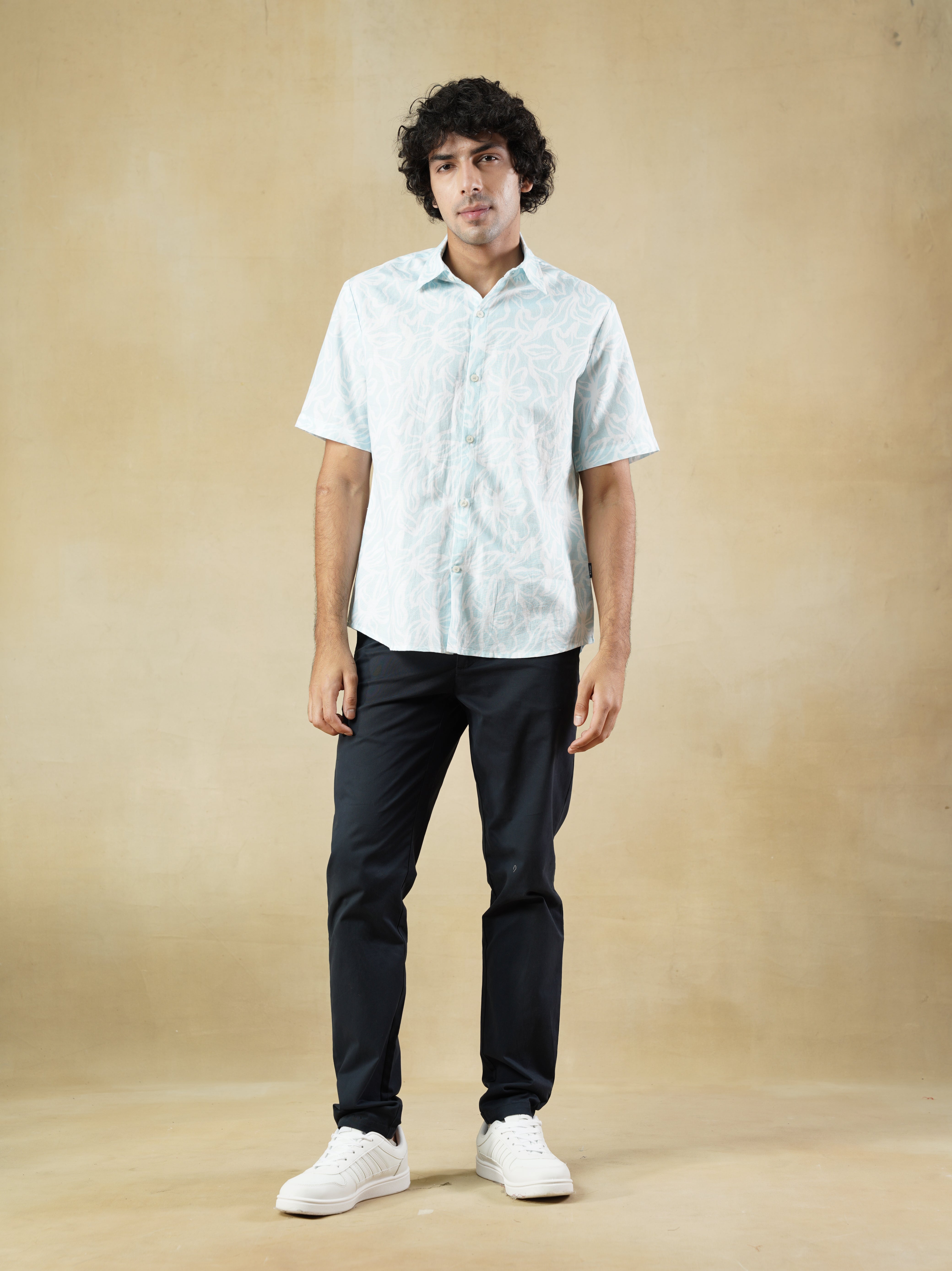 Men’s White Linen Blend half-sleeved Printed Shirt
