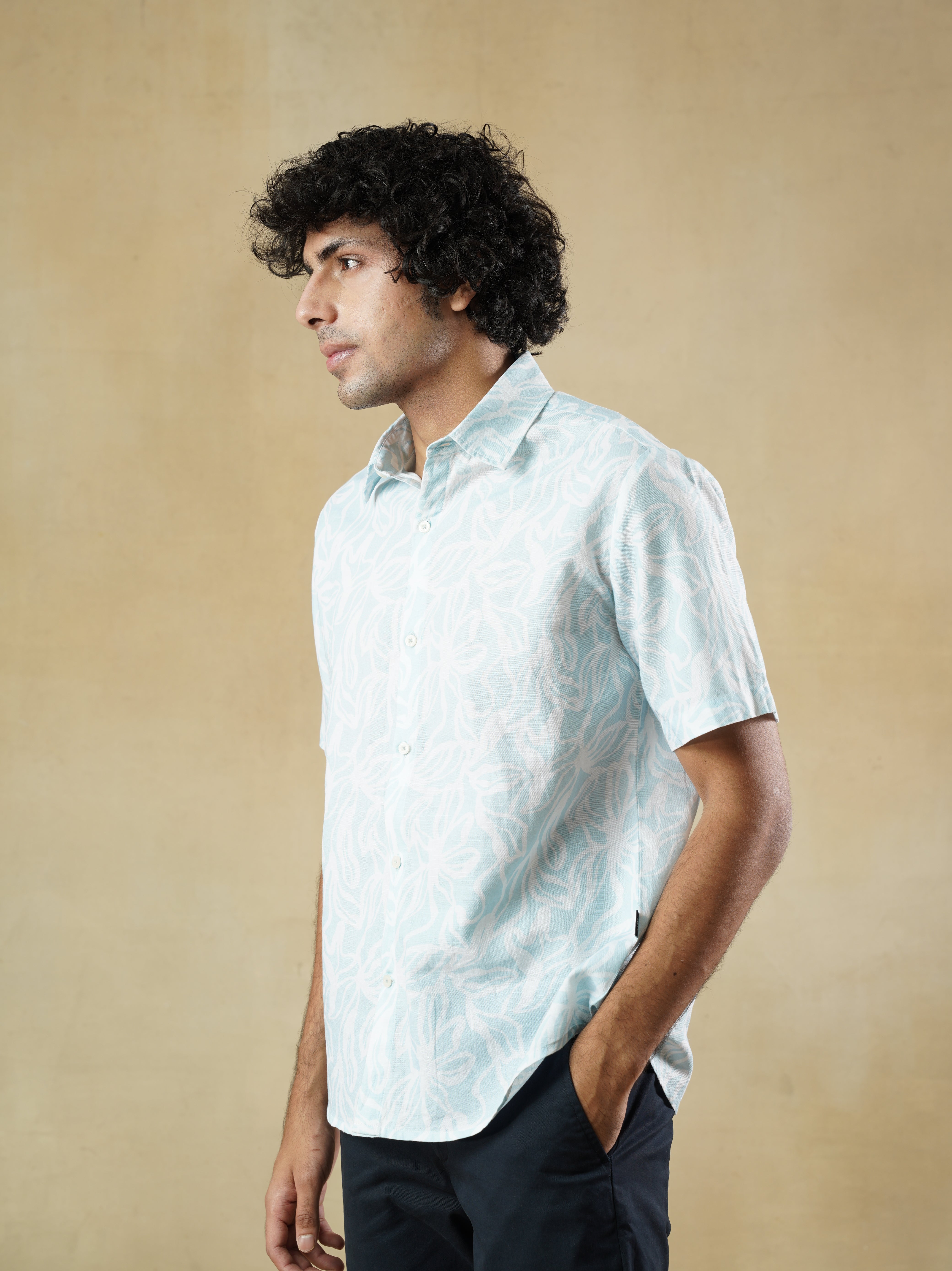 Men’s White Linen Blend half-sleeved Printed Shirt