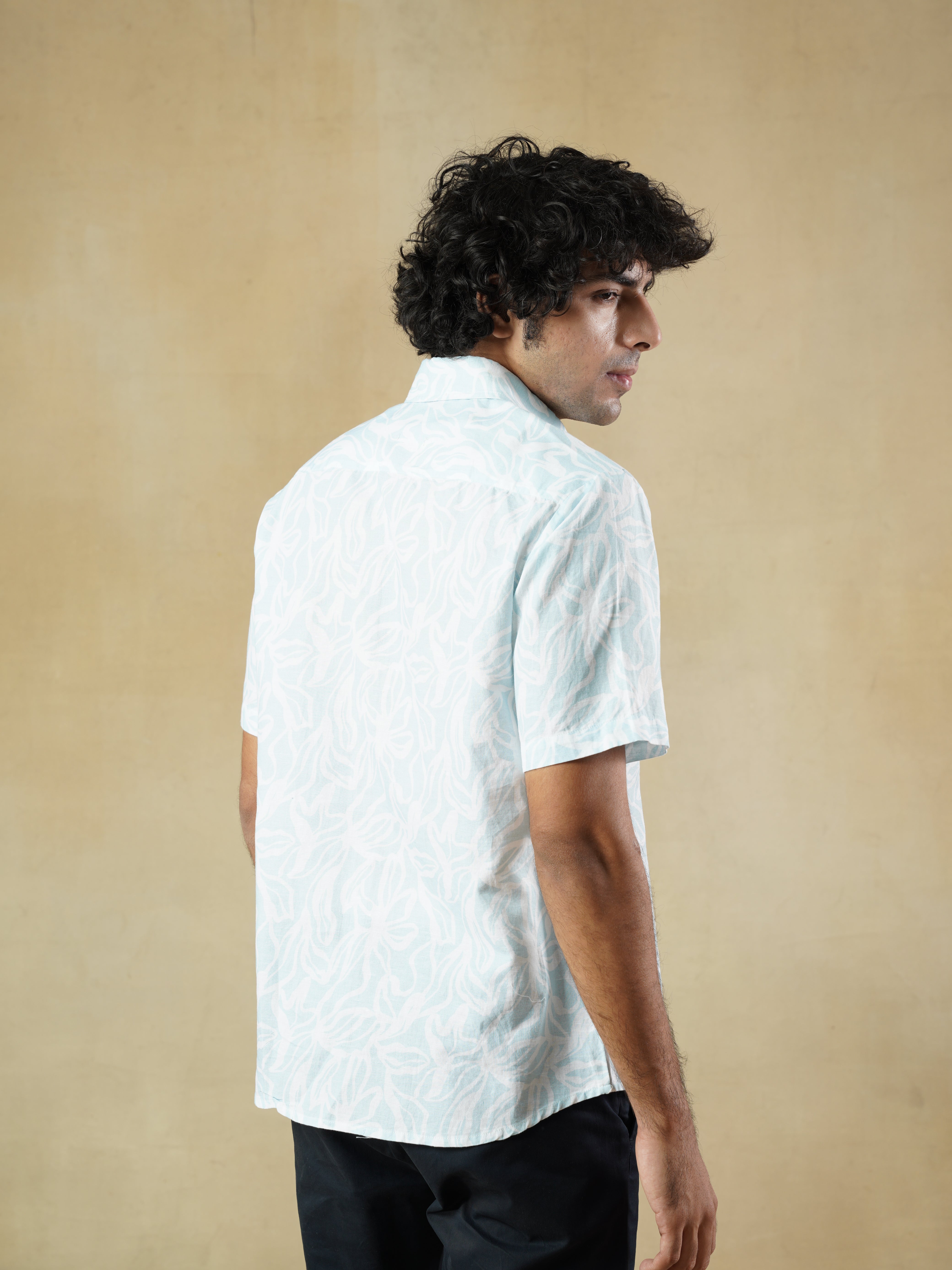 Men’s White Linen Blend half-sleeved Printed Shirt
