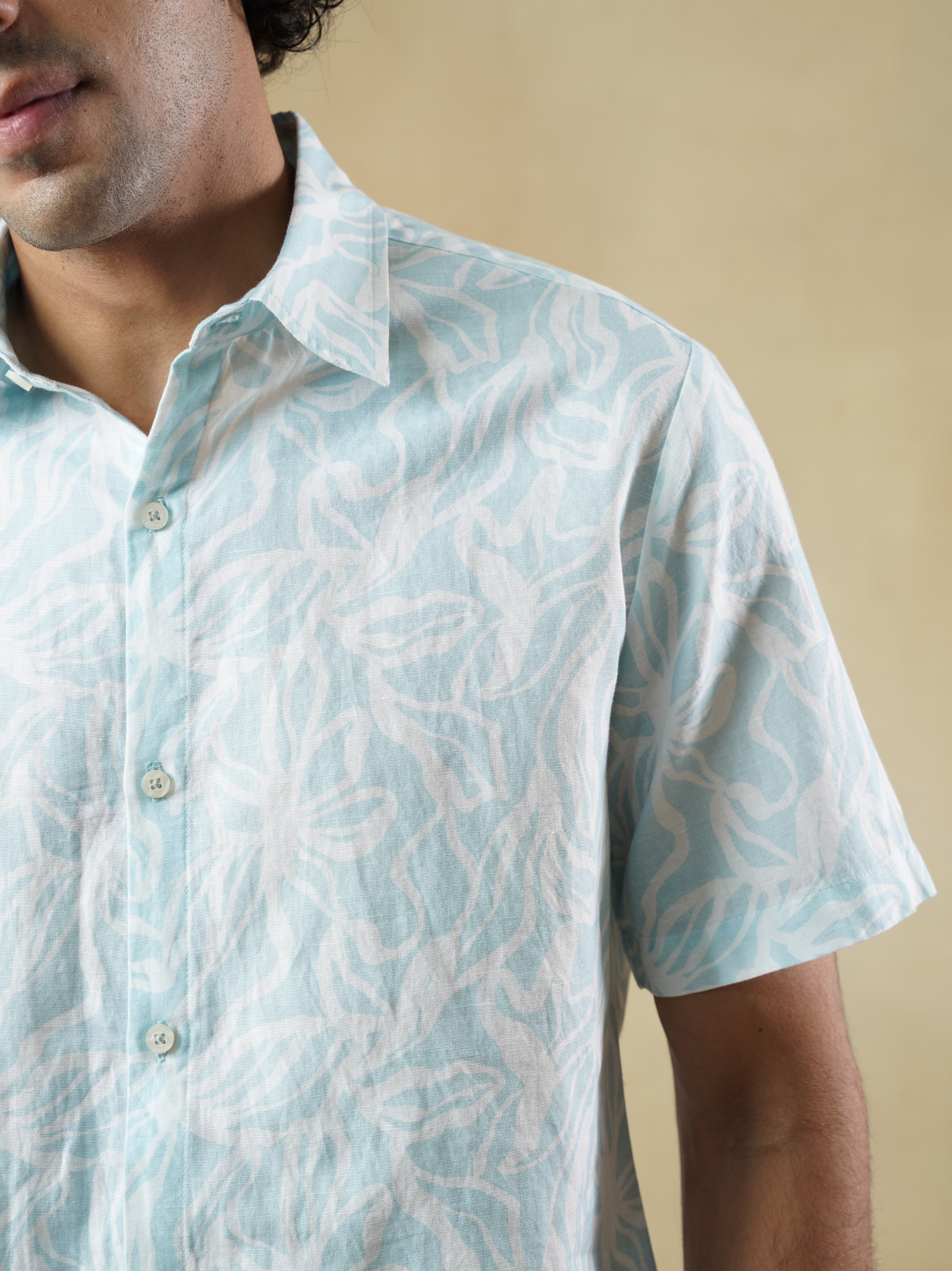 Men’s White Linen Blend half-sleeved Printed Shirt