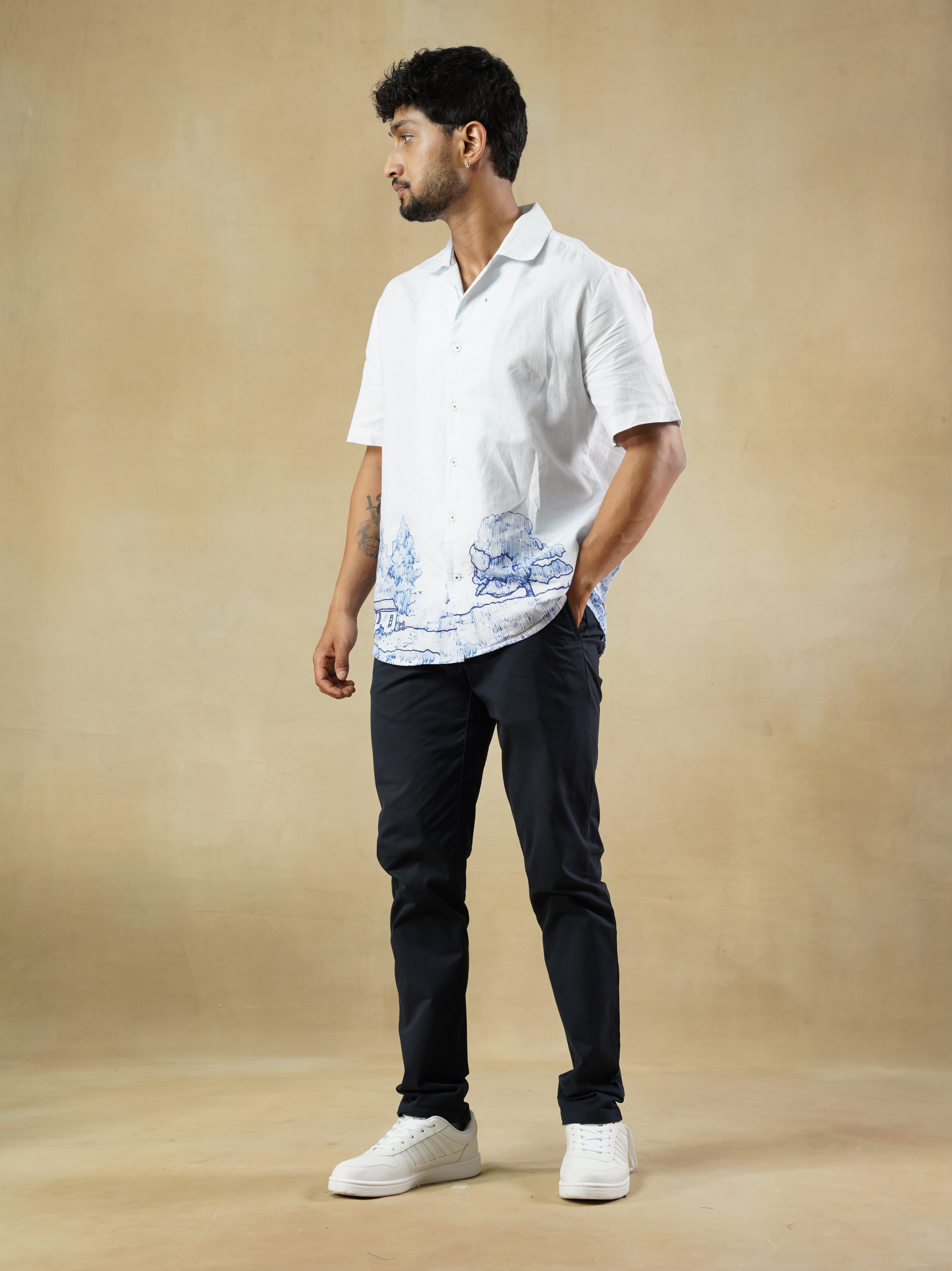 Men's Linen-Cotton Blend Landscape Print Shirt