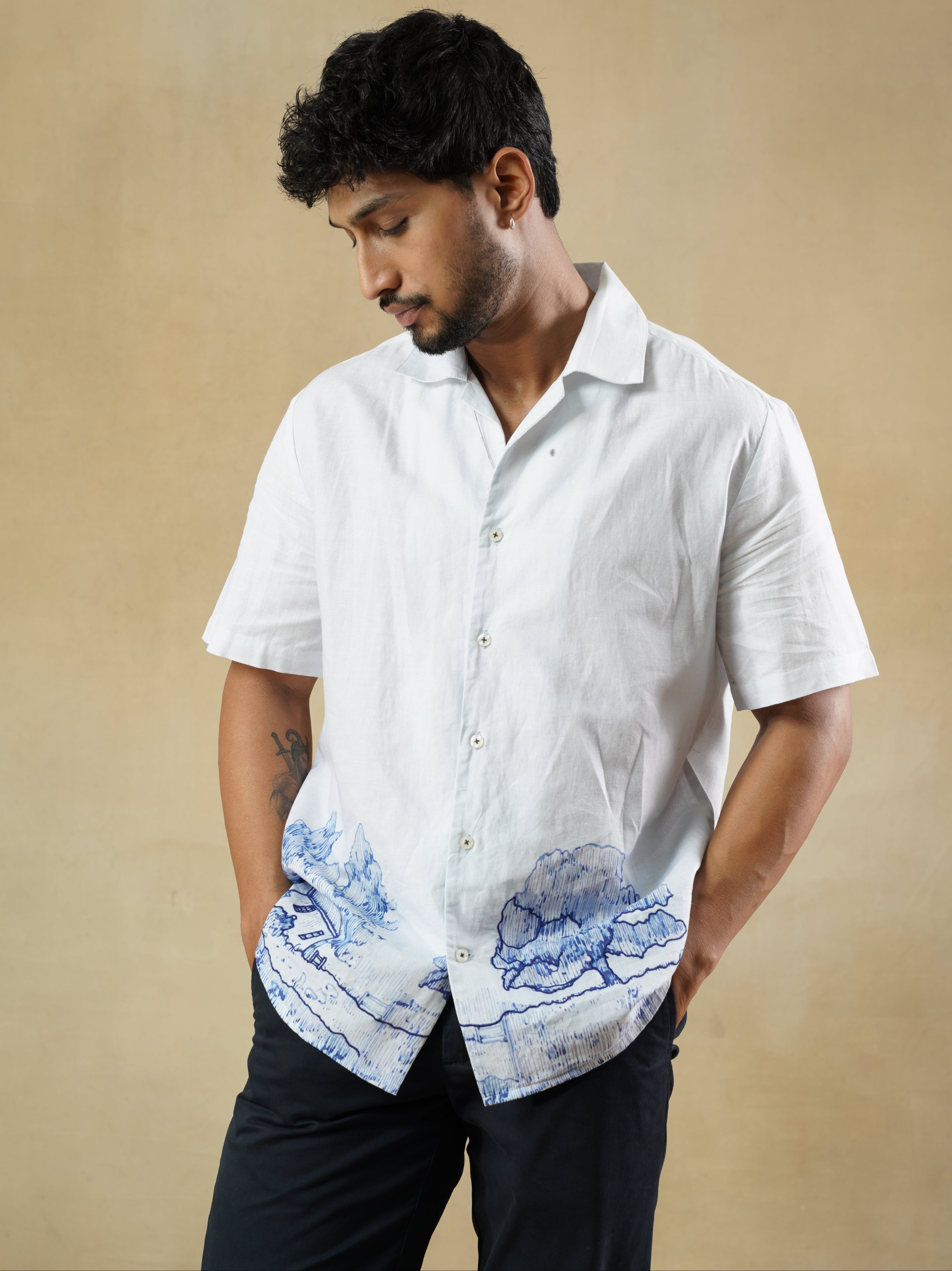 Men's Linen-Cotton Blend Landscape Print Shirt