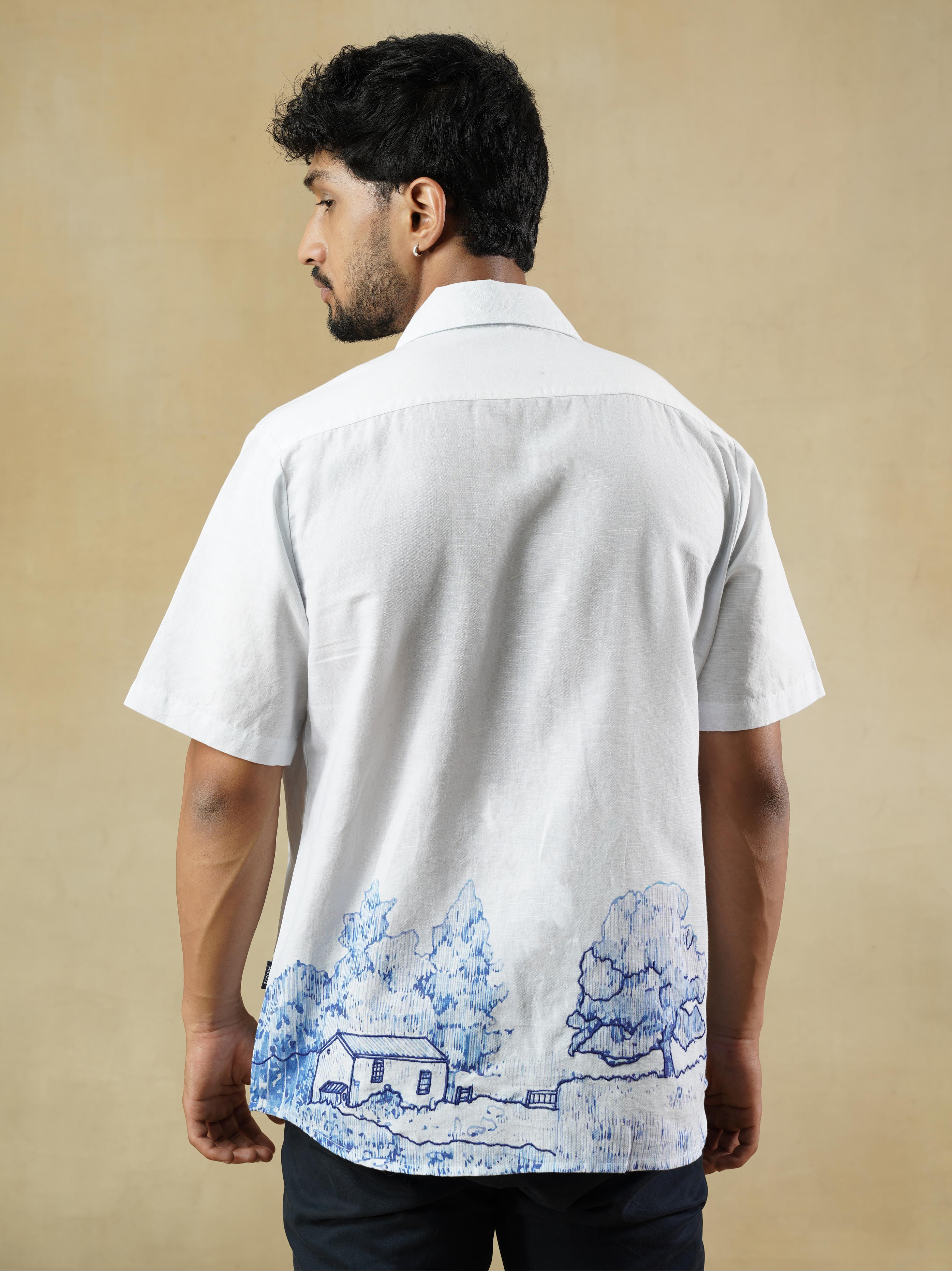 Men's Linen-Cotton Blend Landscape Print Shirt