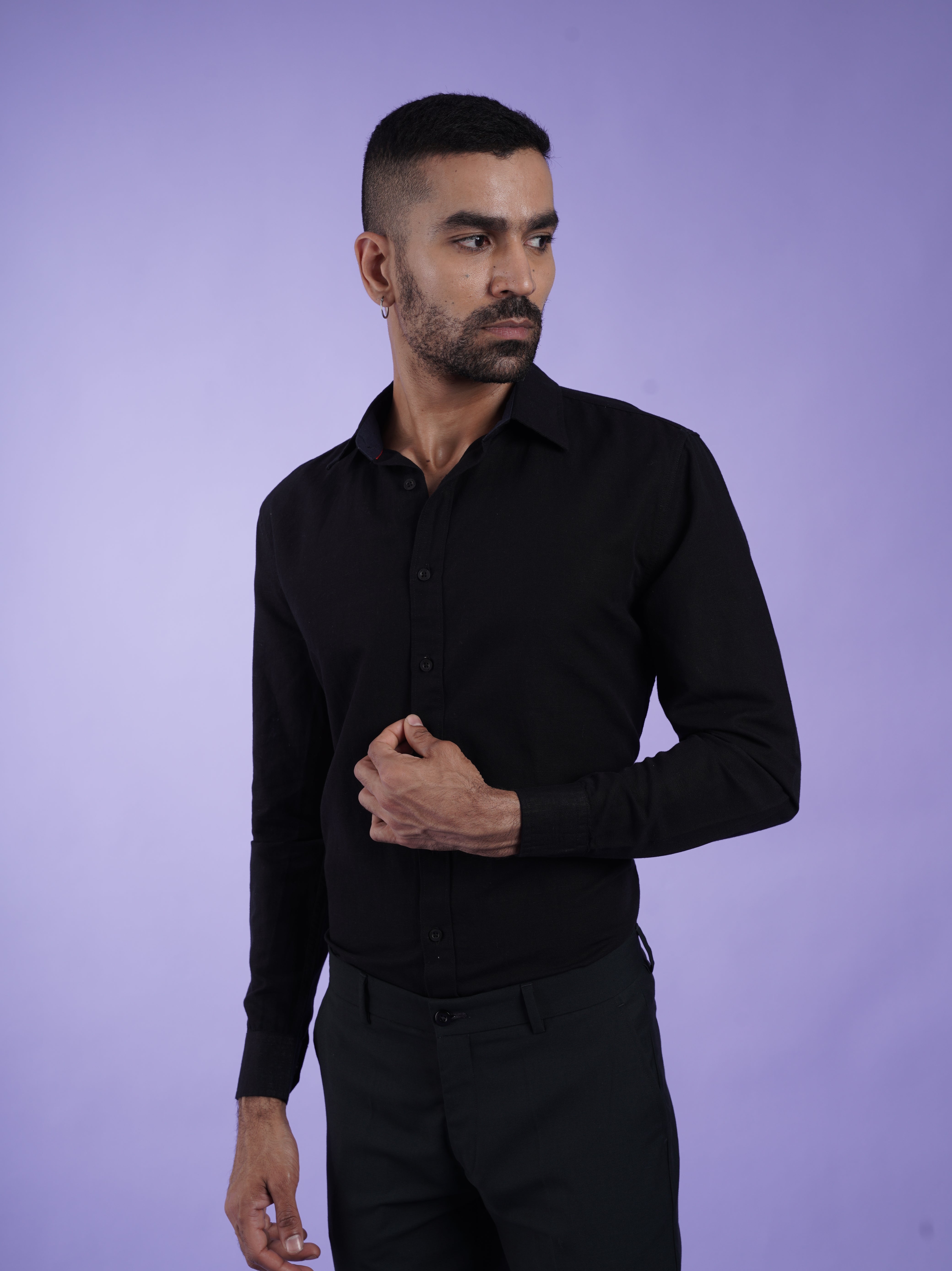 Men's Black Full Sleeves Shirt with French Placket