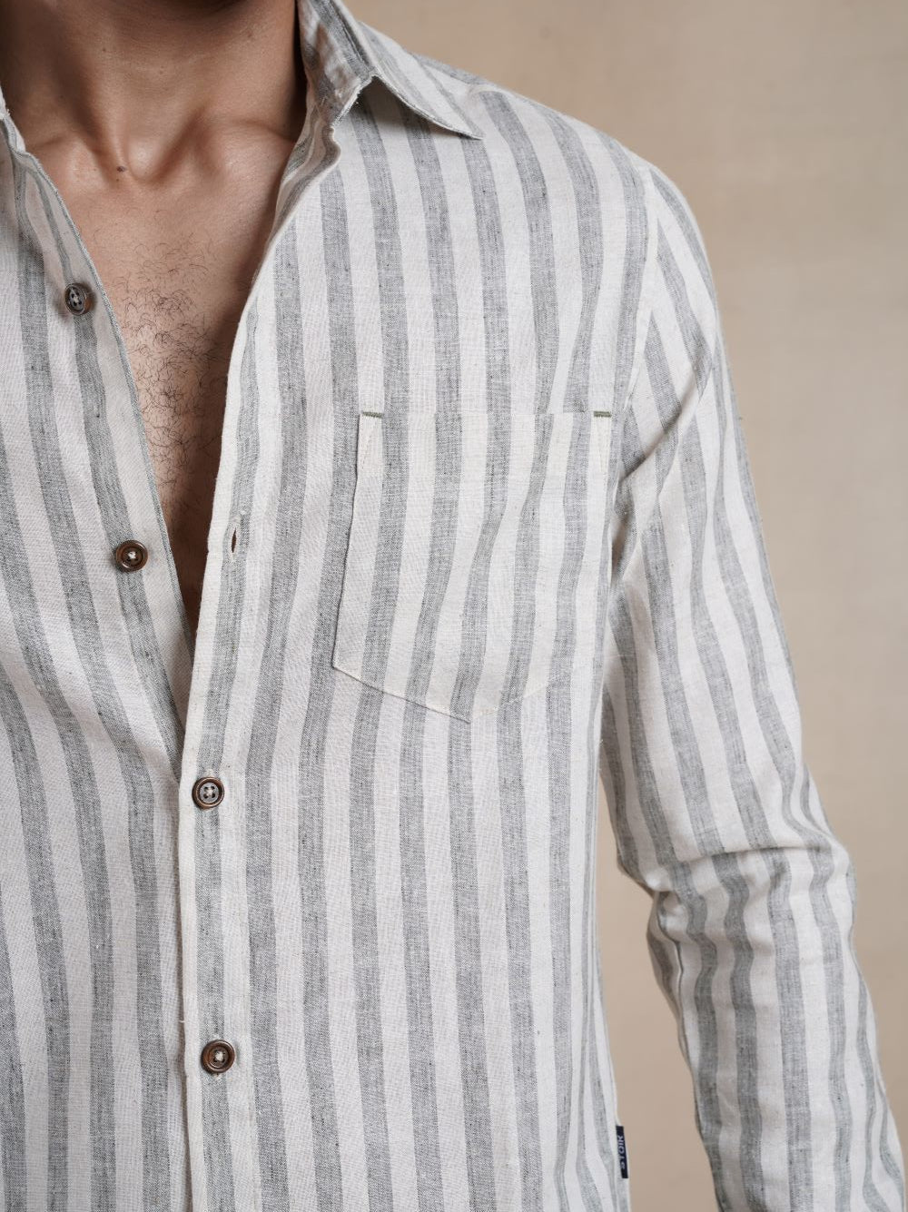 Men's Cotton Linen Green Stripe Shirt