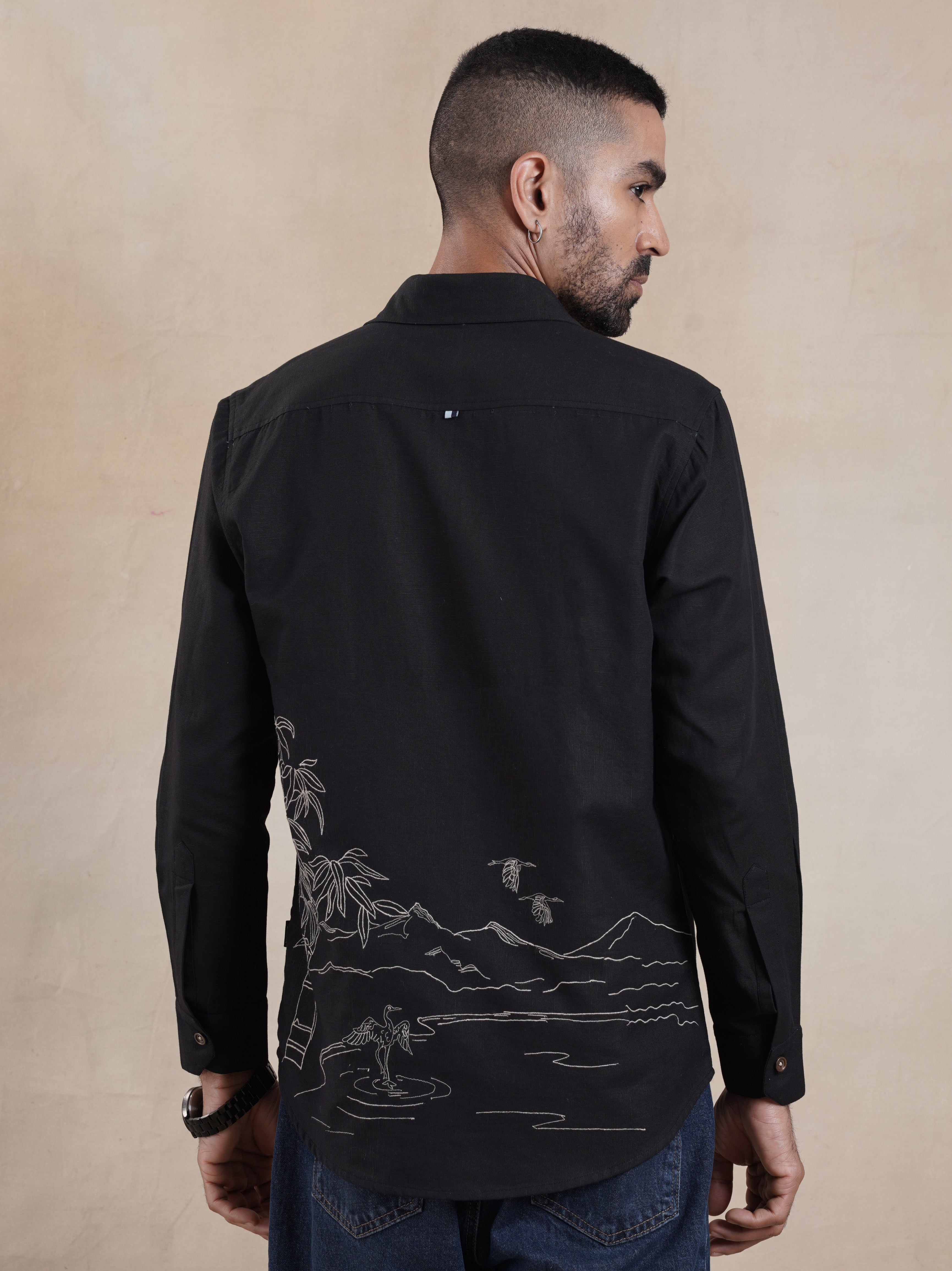 Men's Cotton Linen Back Embroidered Shirt