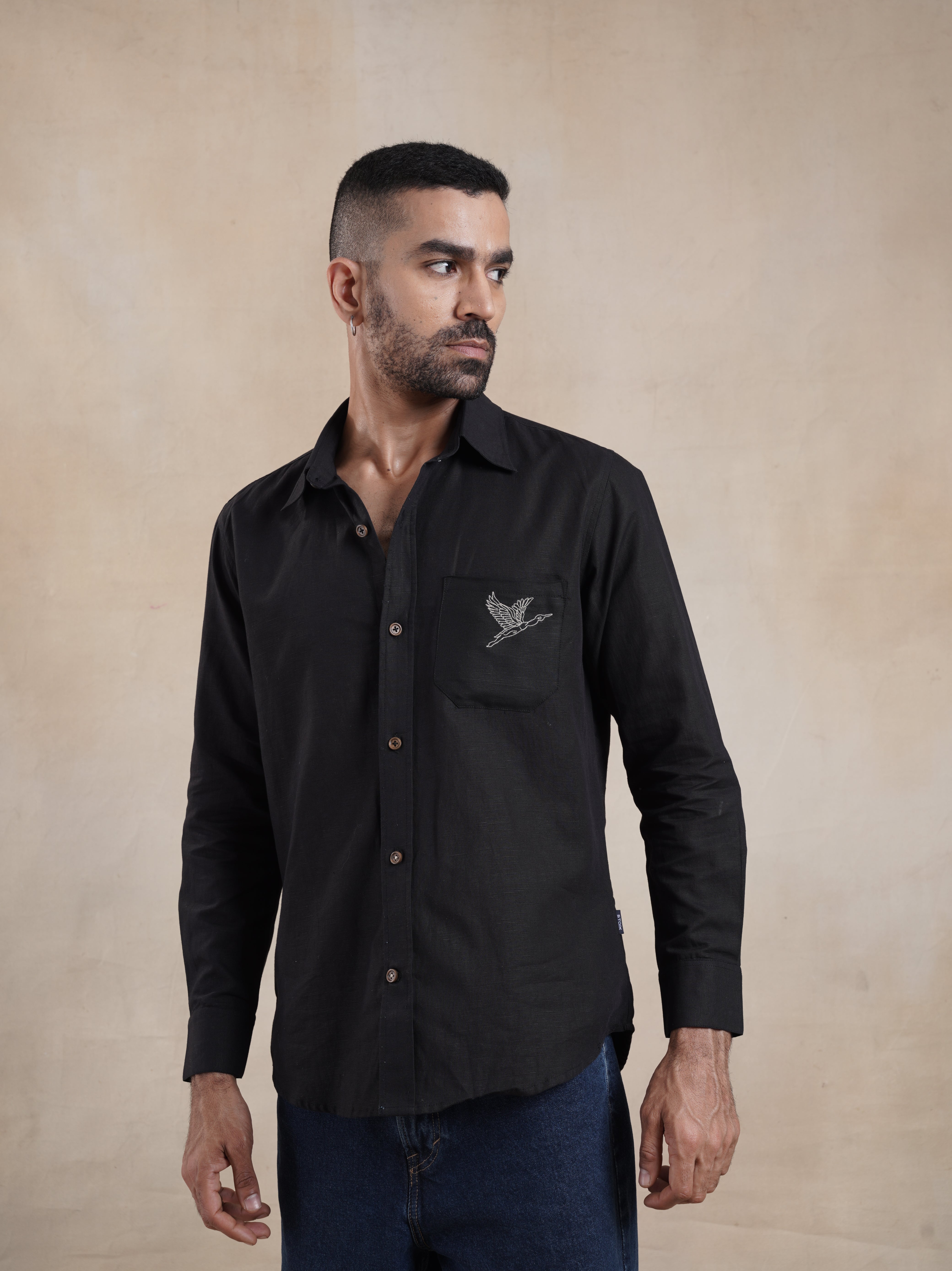 Men's Cotton Linen Back Embroidered Shirt