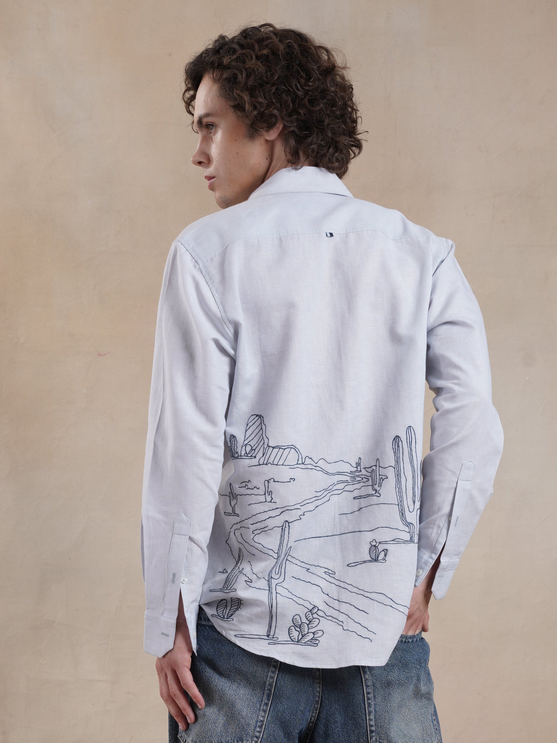 Men's Cotton Linen Back Embroidered Shirt