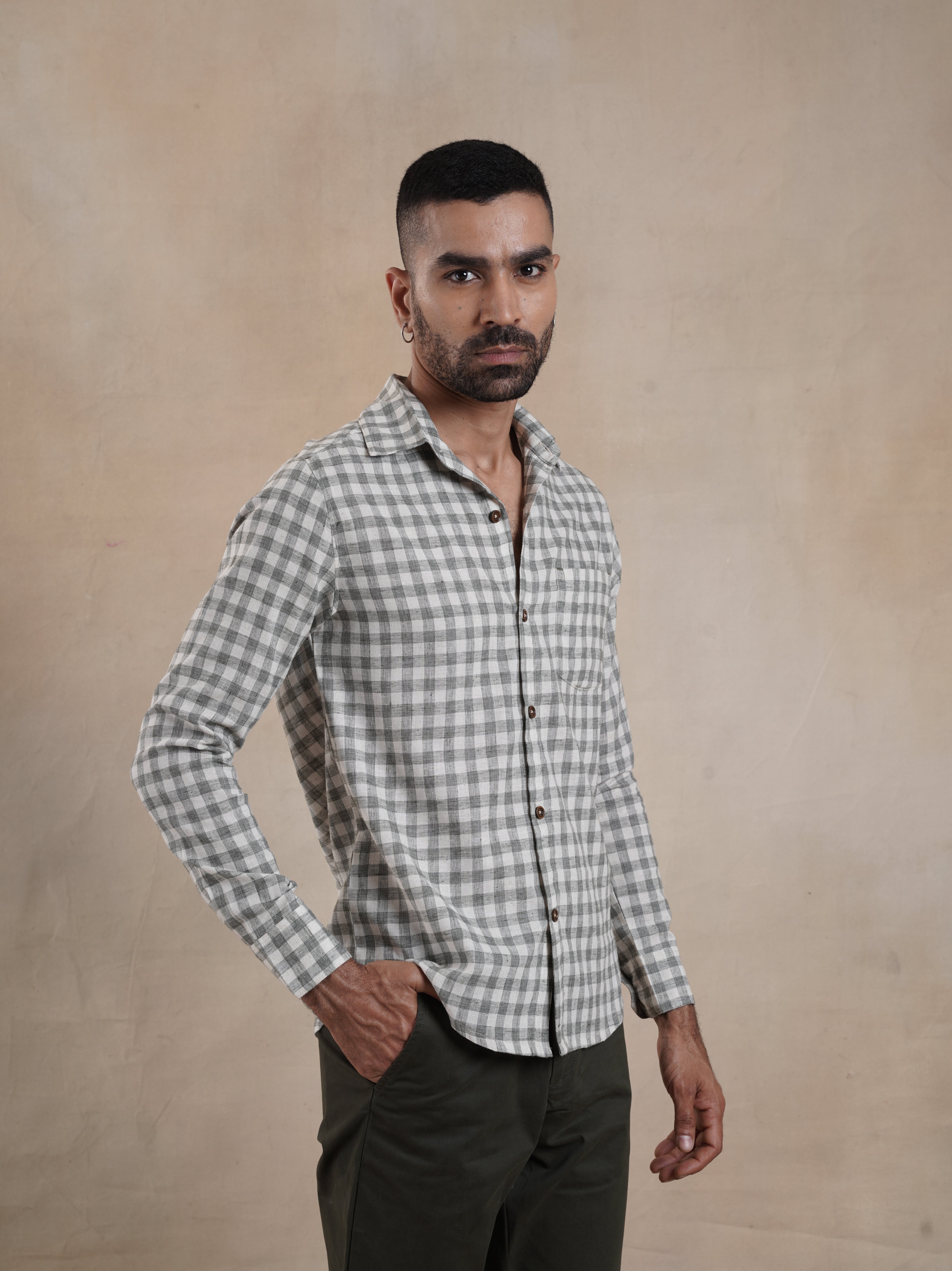 Men's Cotton Linen Green Check Shirt