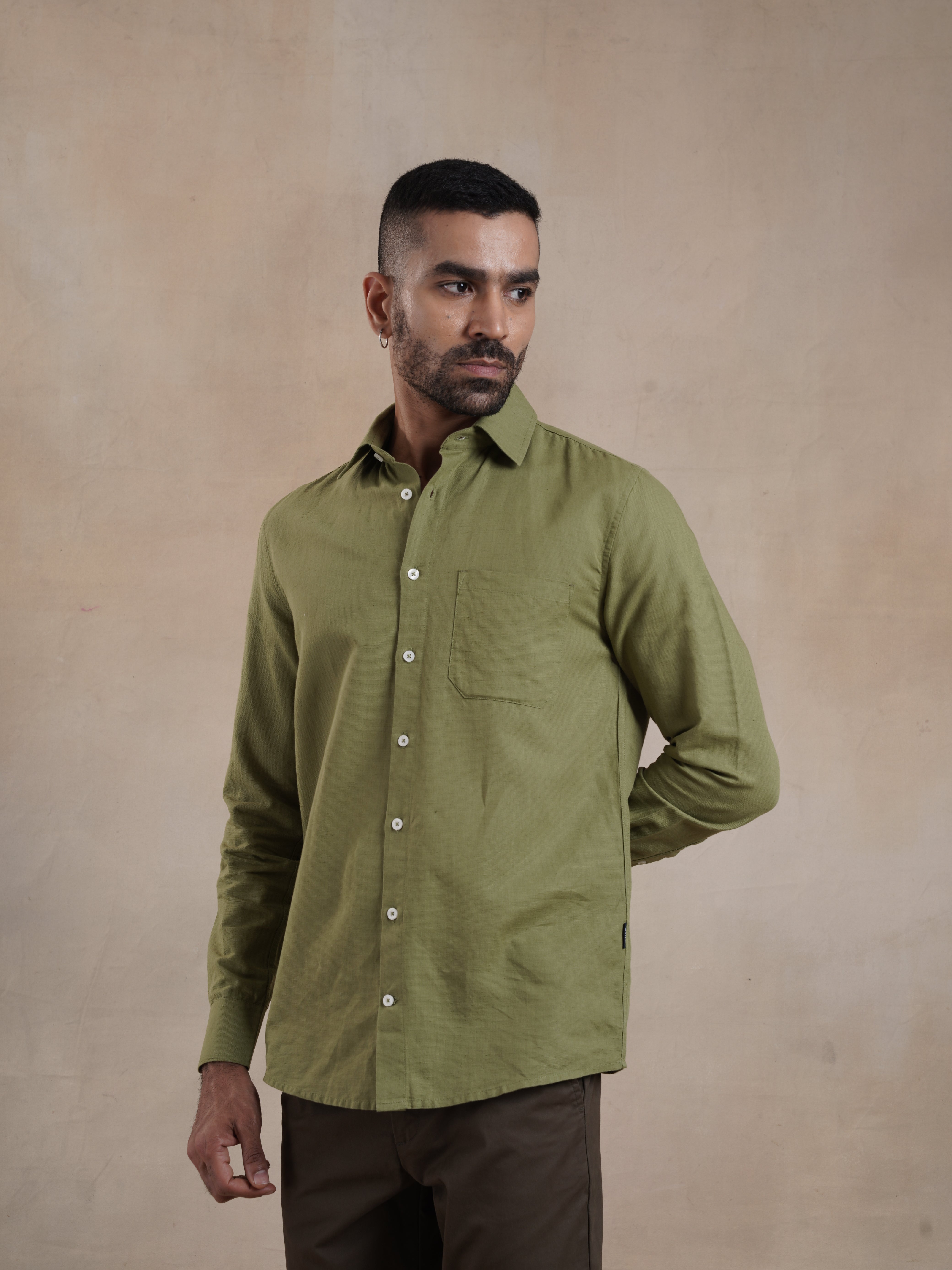 Men's Olive Full Sleeves Shirt with French Placket