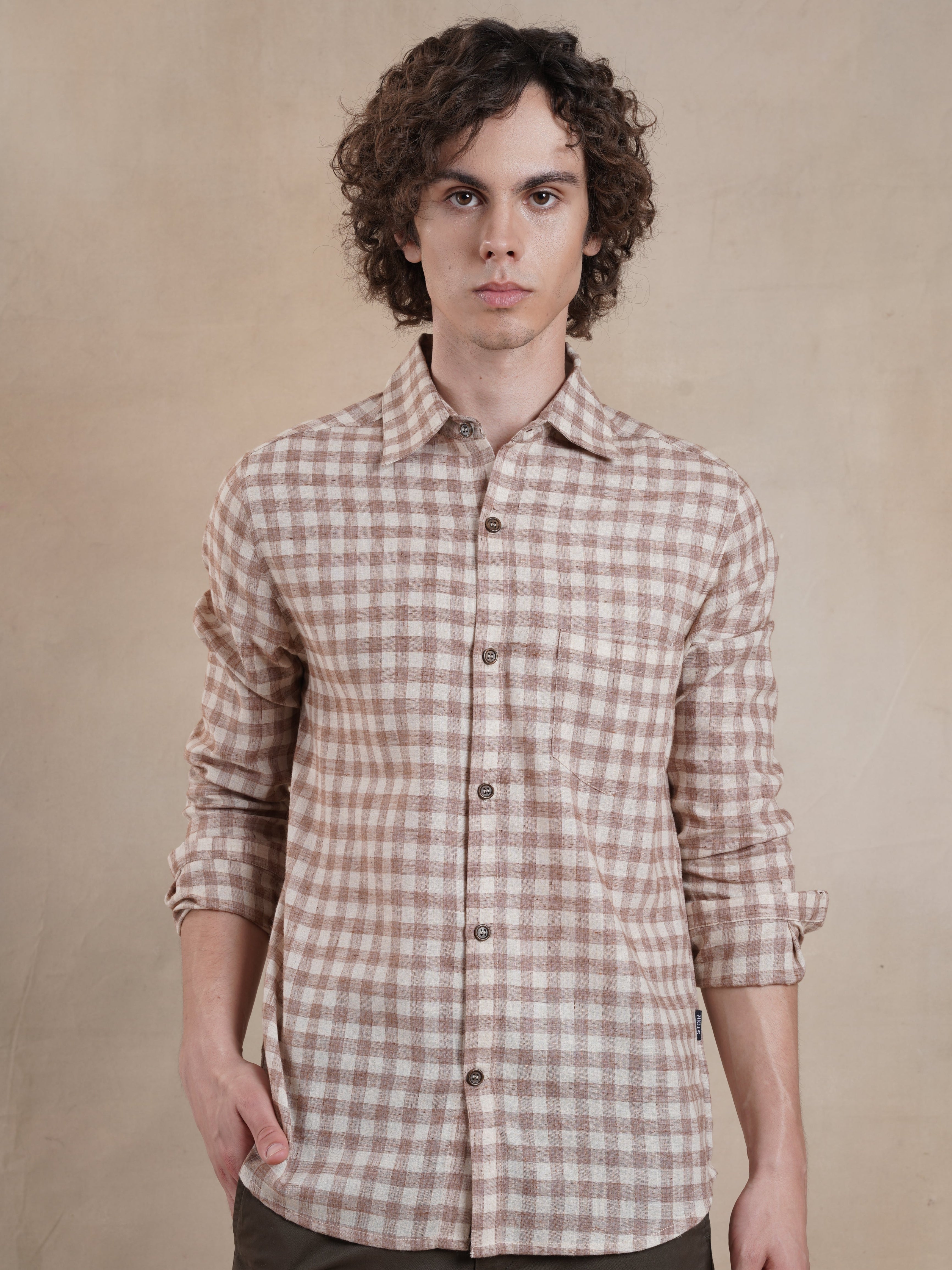 Men's Cotton Linen Brown Check Shirt