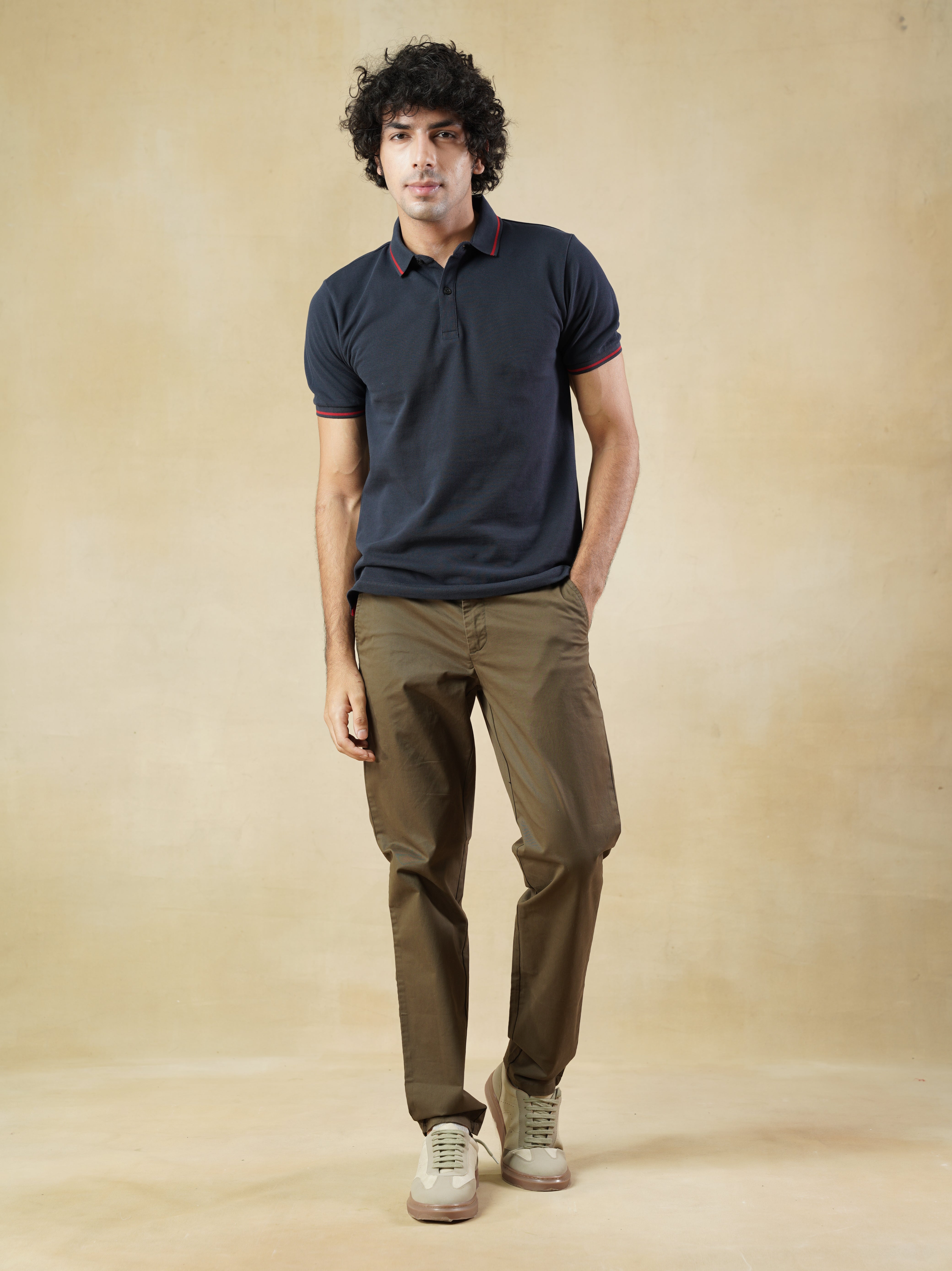 Men’s Navy Cotton Polo T-Shirt with Red Contrast Tipping