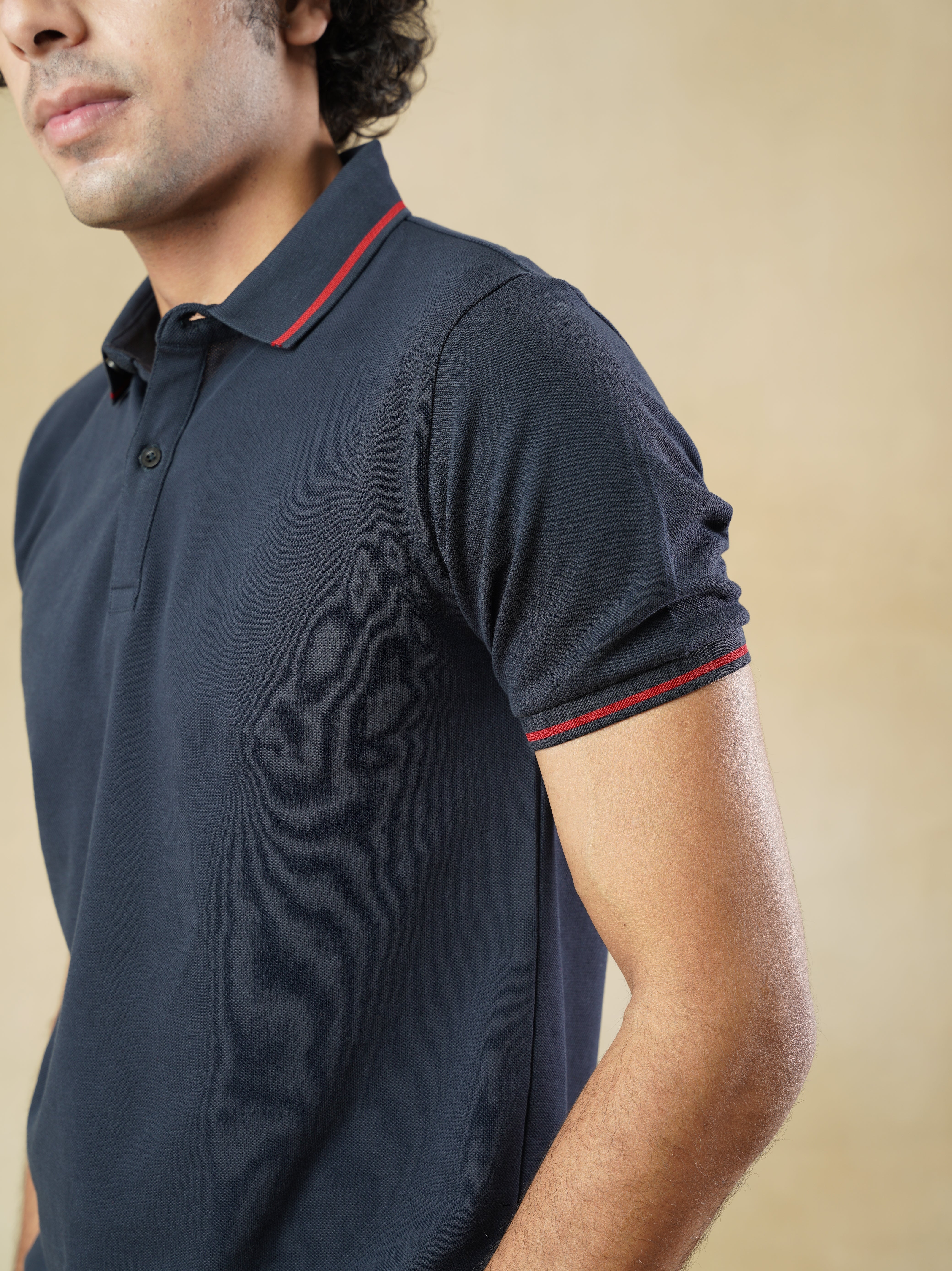 Men’s Navy Cotton Polo T-Shirt with Red Contrast Tipping