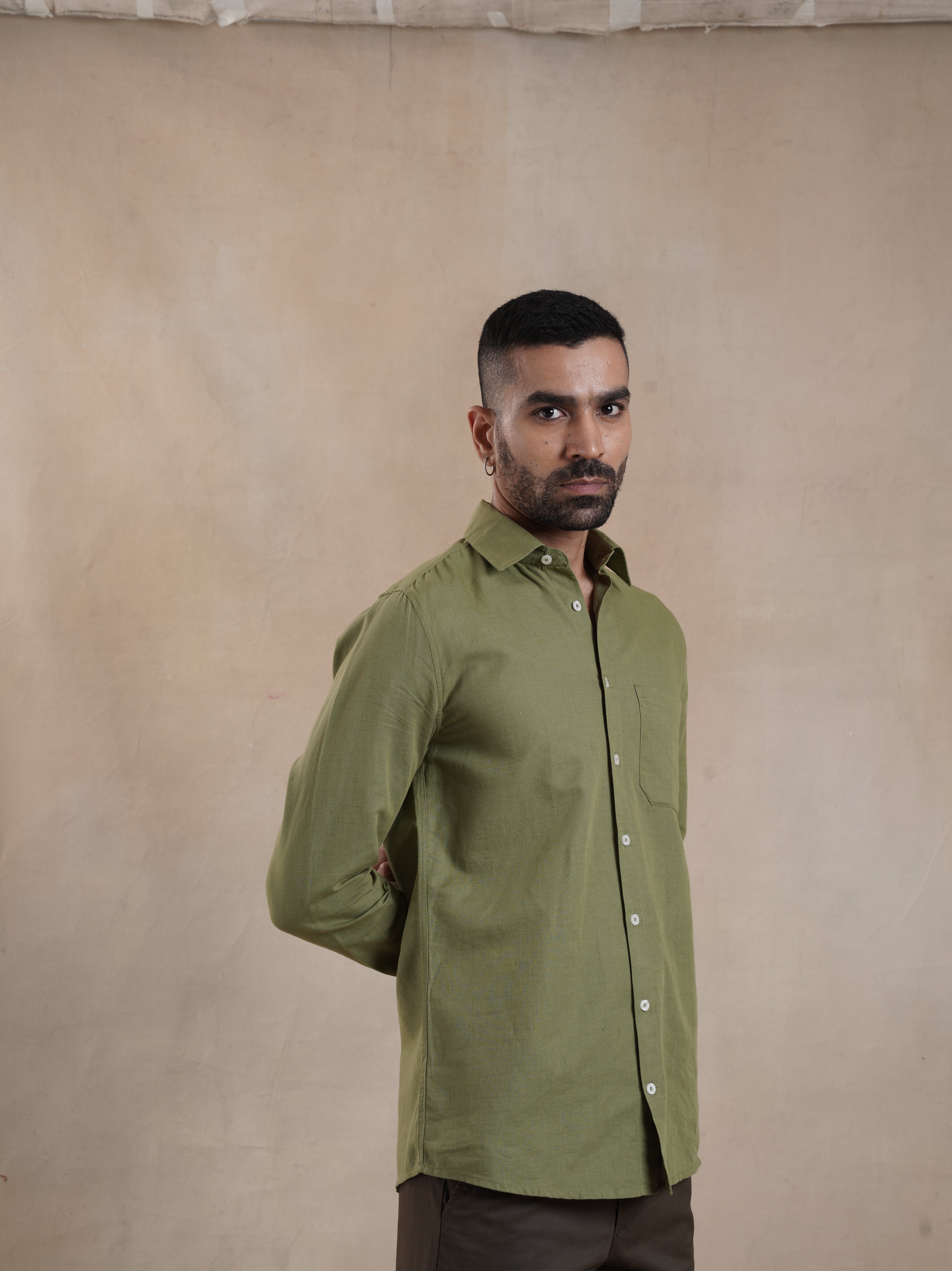 Men's Olive Full Sleeves Shirt with French Placket