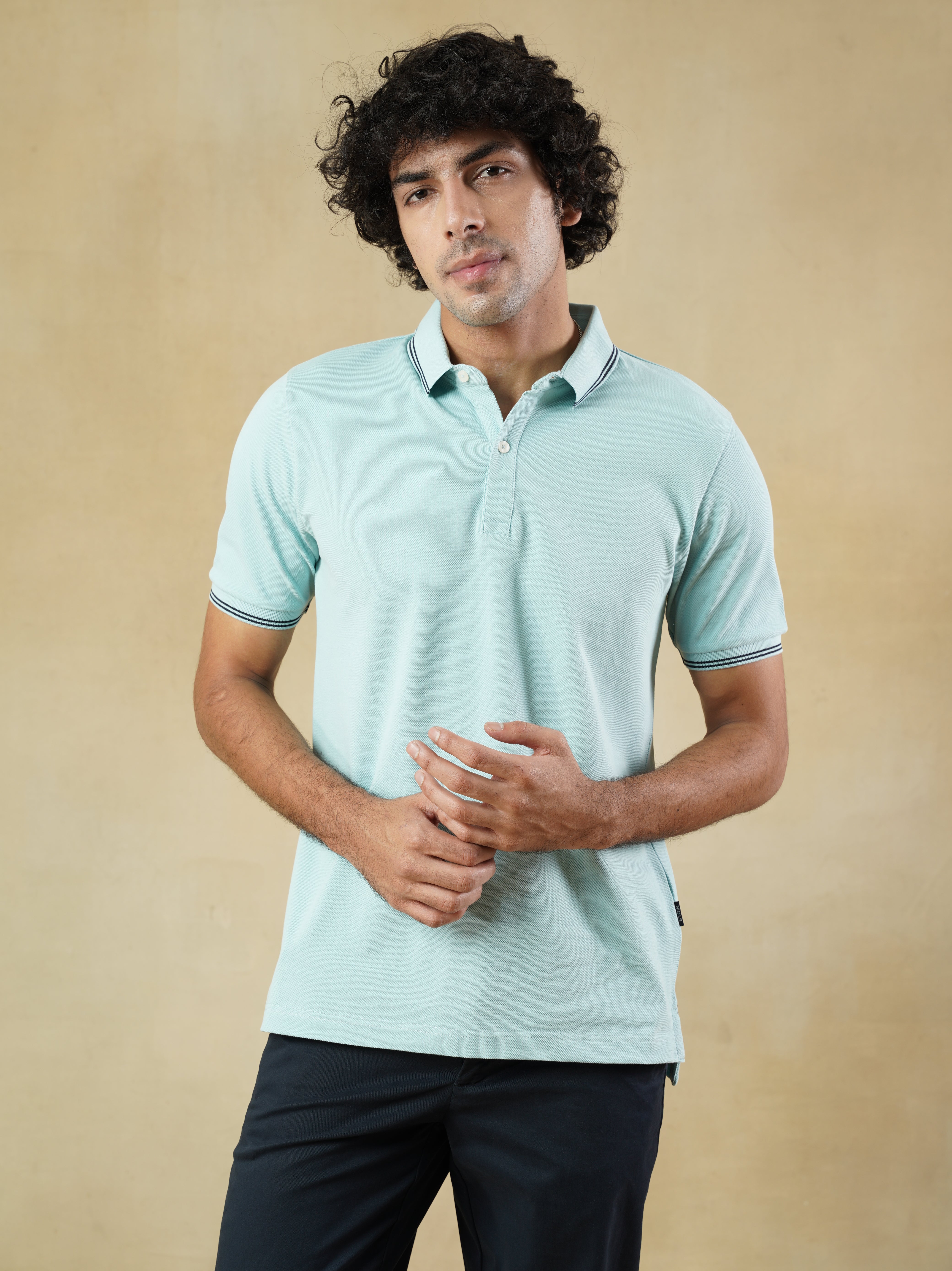 Men's 100% cotton Blue Polo Neck T-Shirt