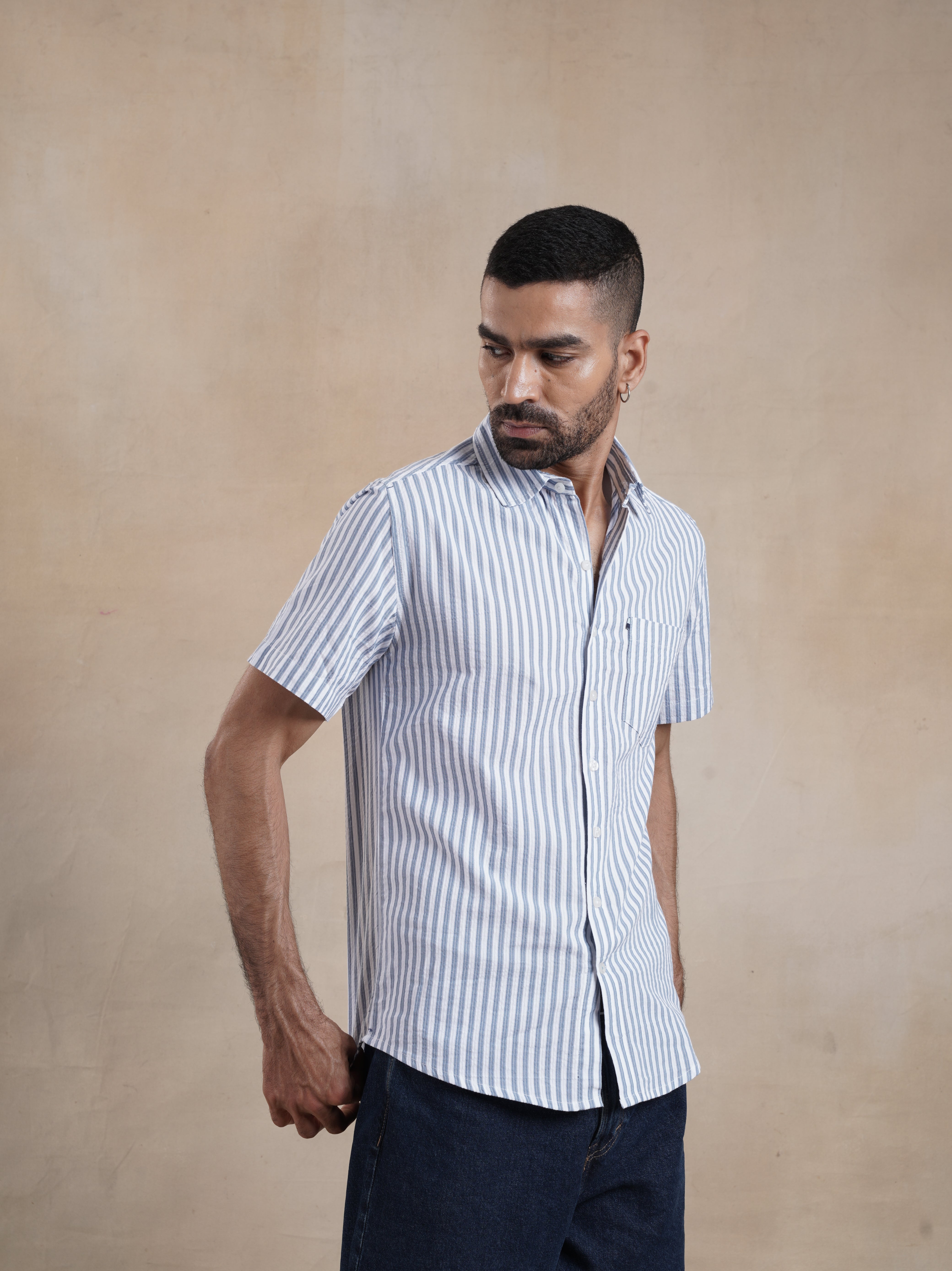 Men's White Striped Seersucker Shirt