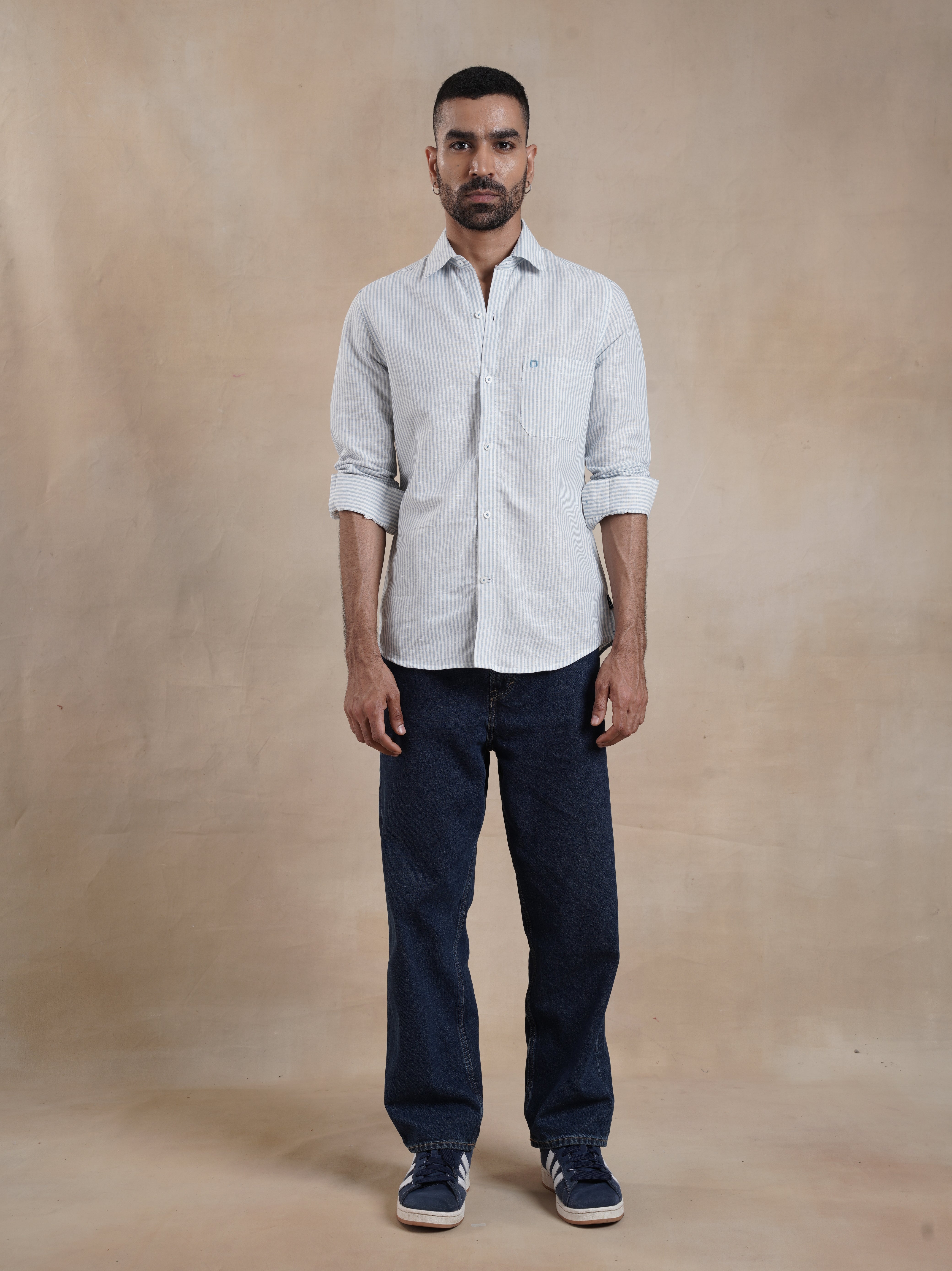 Men's Single Pocket Cotton Linen Stripe Shirt