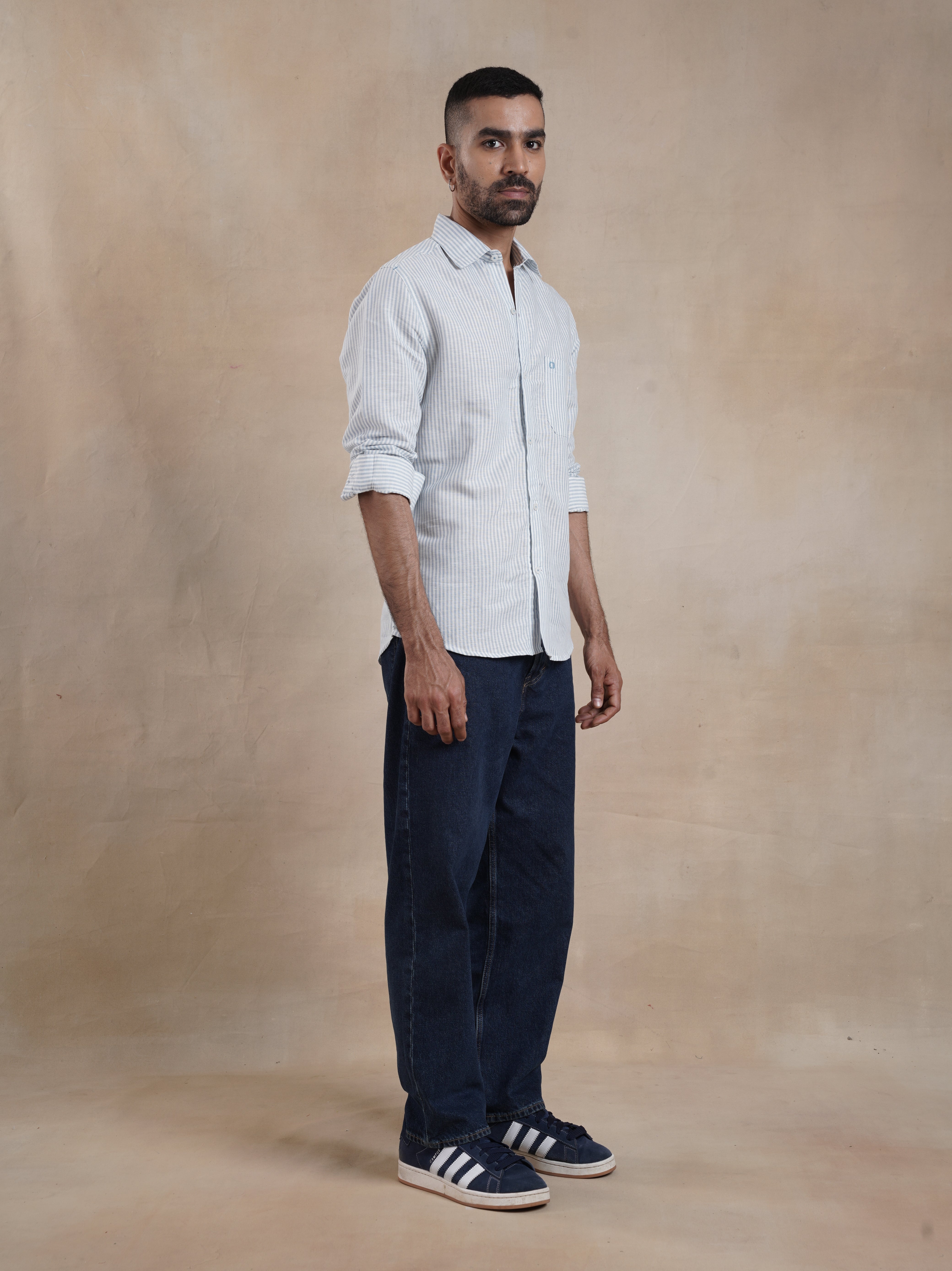 Men's Single Pocket Cotton Linen Stripe Shirt