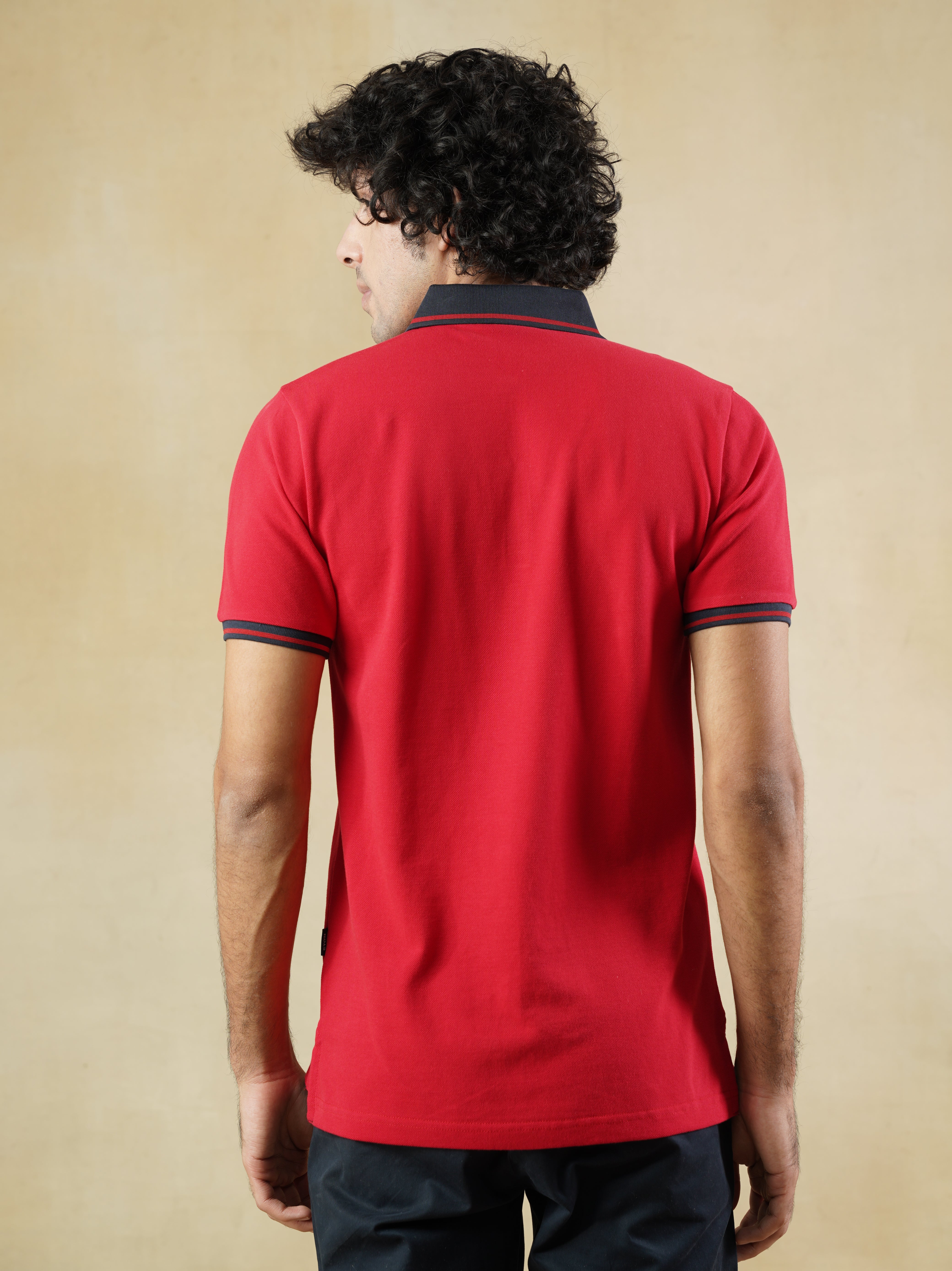 Red Pique Contrast Collar Cotton Polo T-shirt