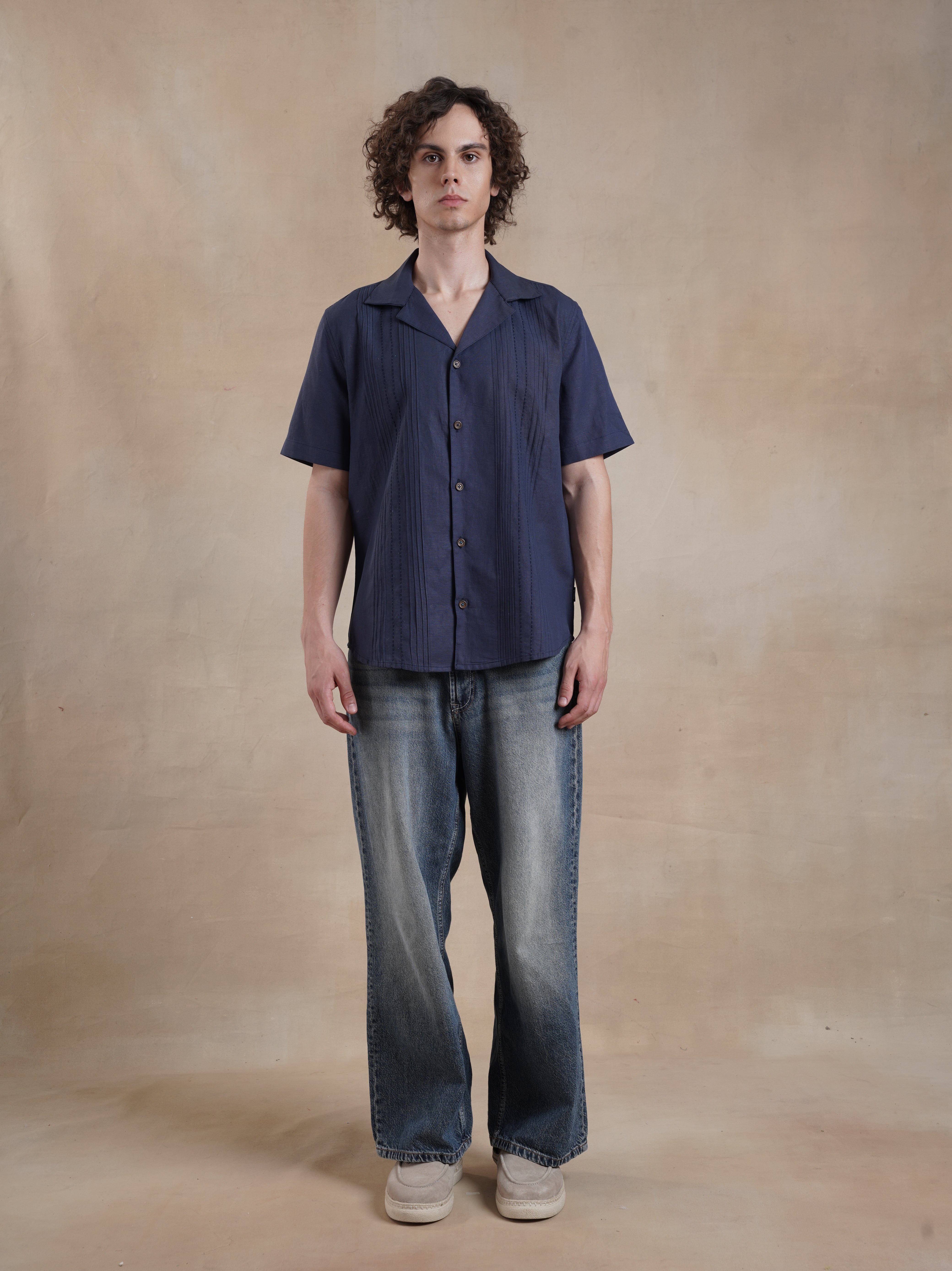 Men's Pleated Cotton Linen Kantha Shirt