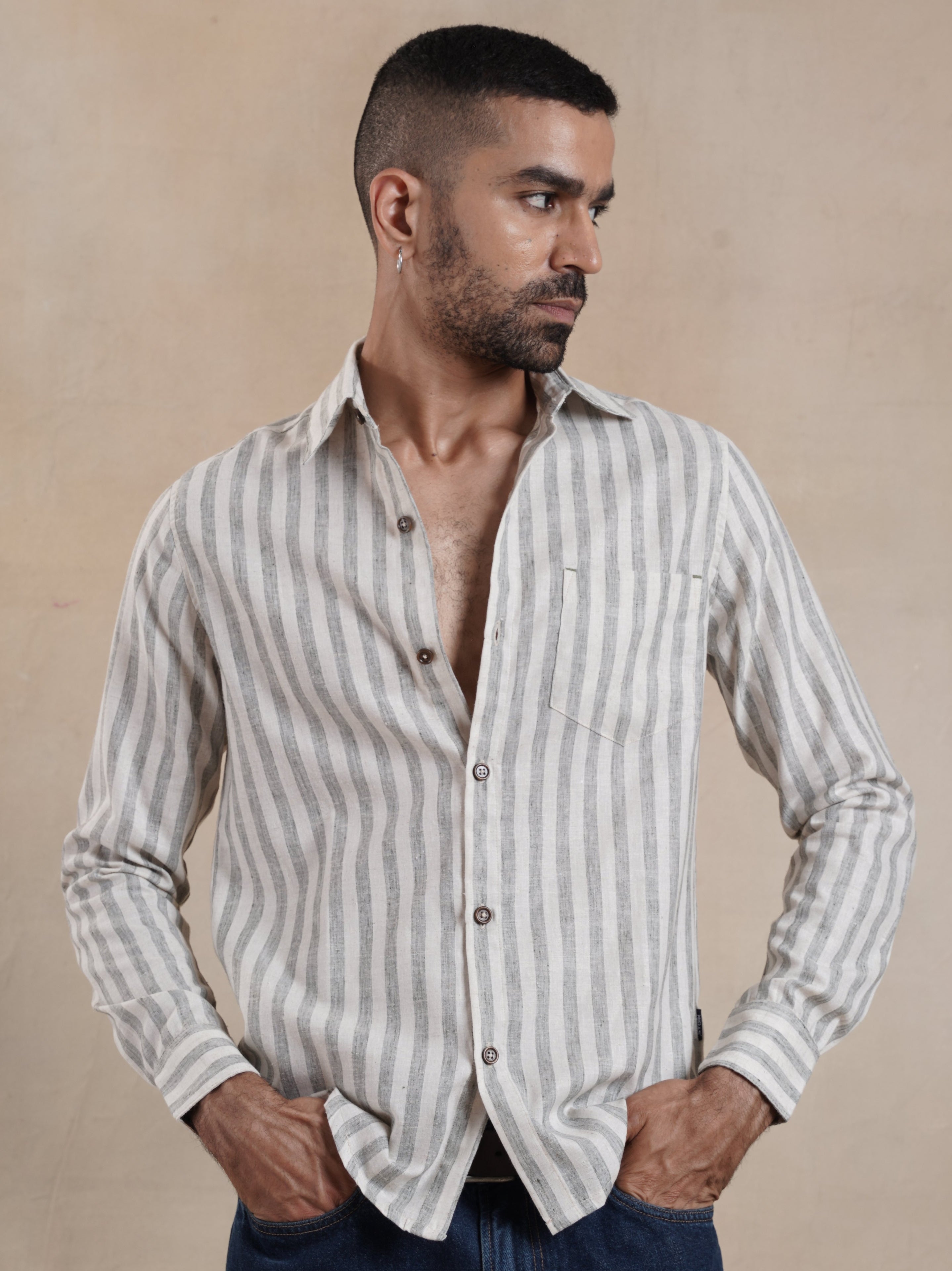 Men's Cotton Linen Green Stripe Shirt