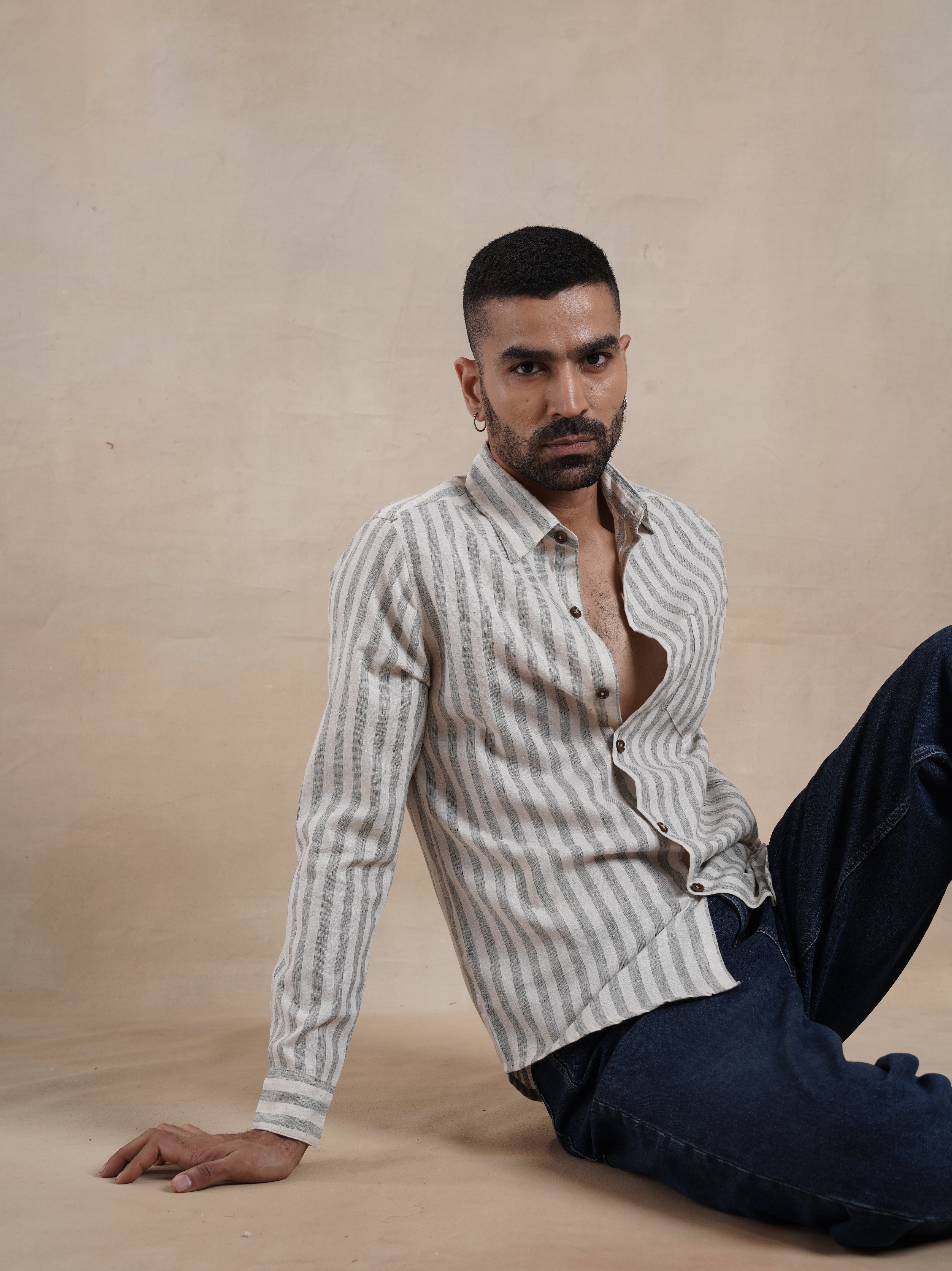 Men's Cotton Linen Green Stripe Shirt