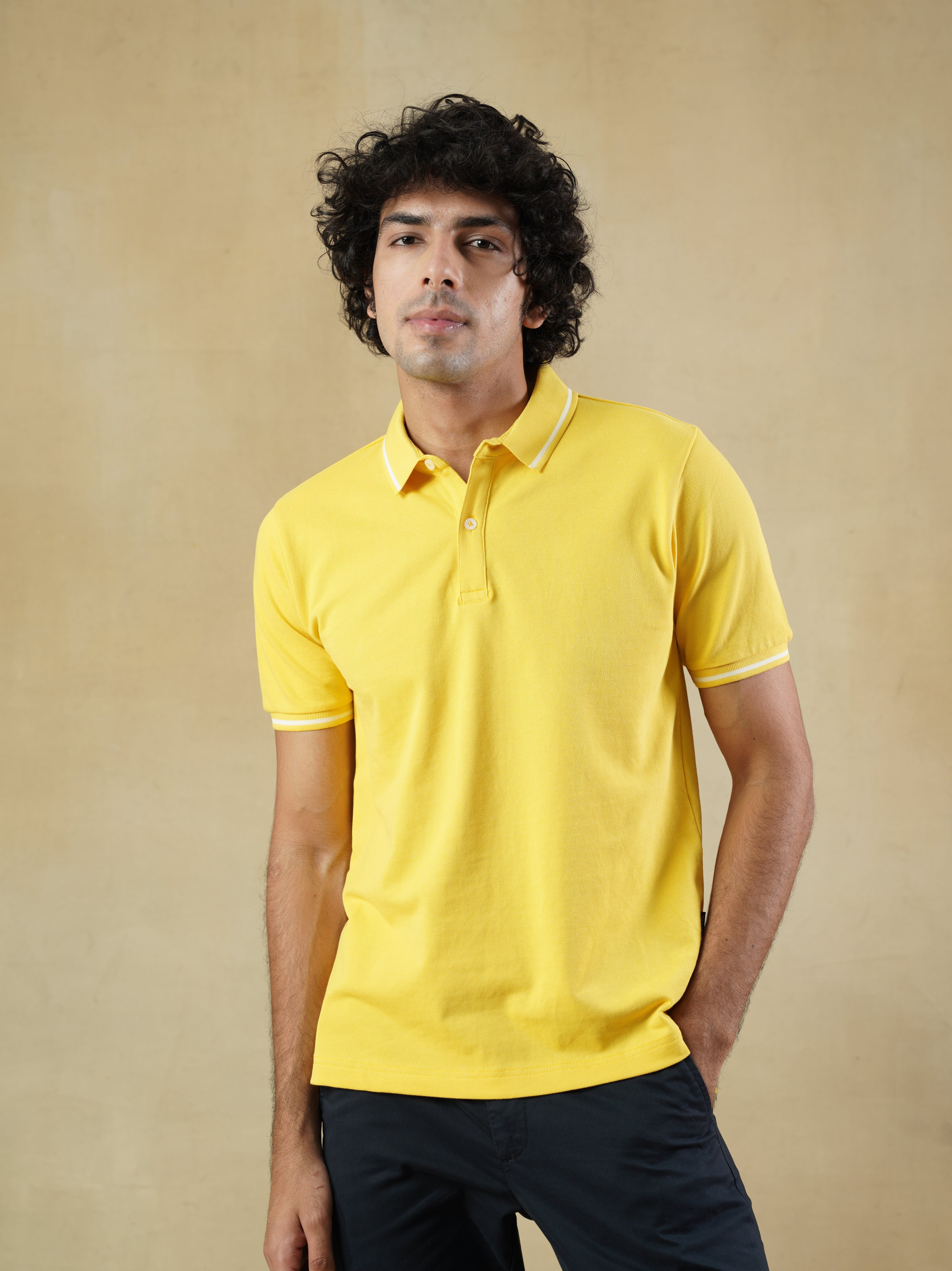 Men's 100% cotton Yellow Polo Neck T-Shirt