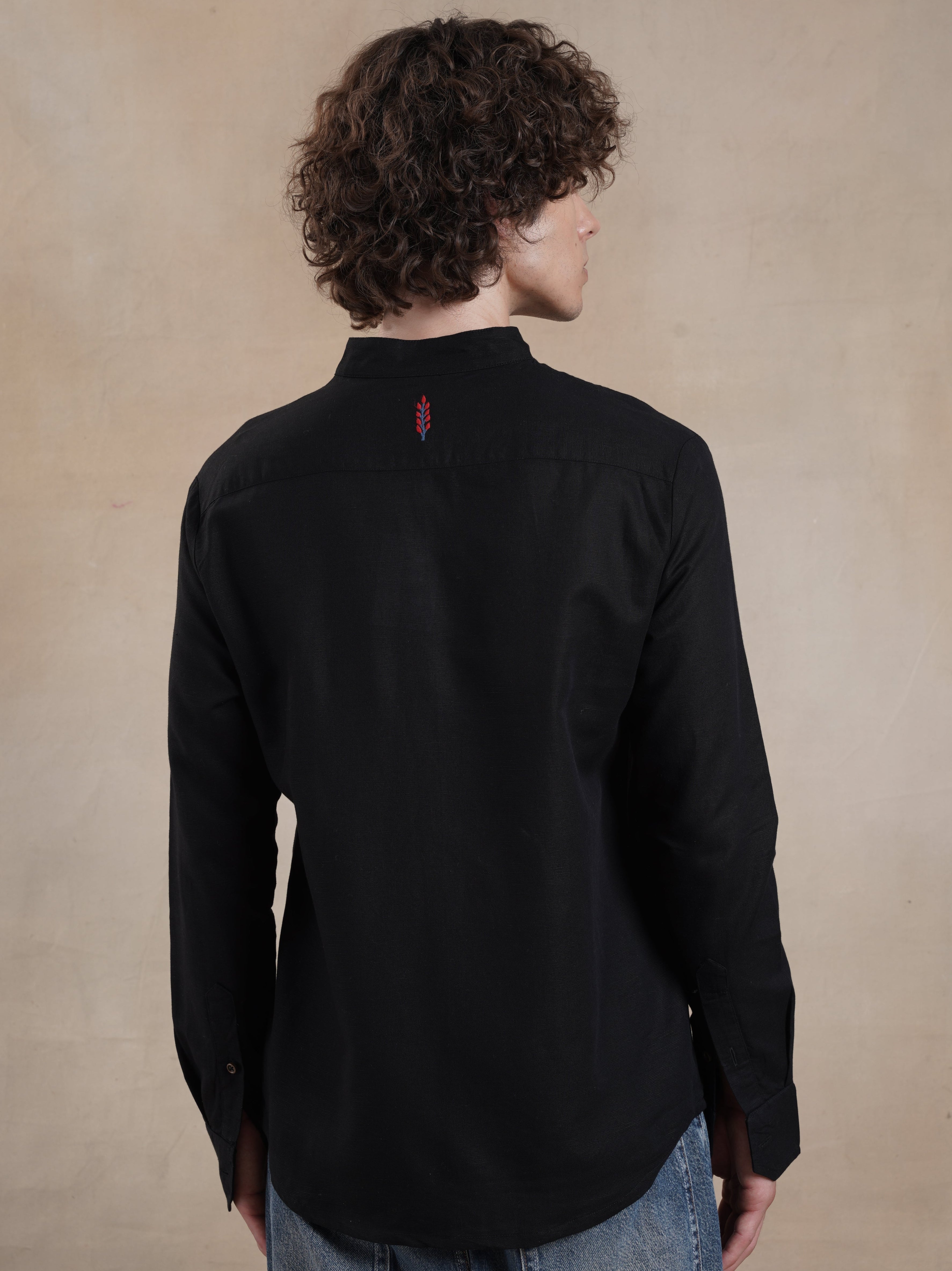 Men's Cotton Linen Embroidered Mandarin Shirt