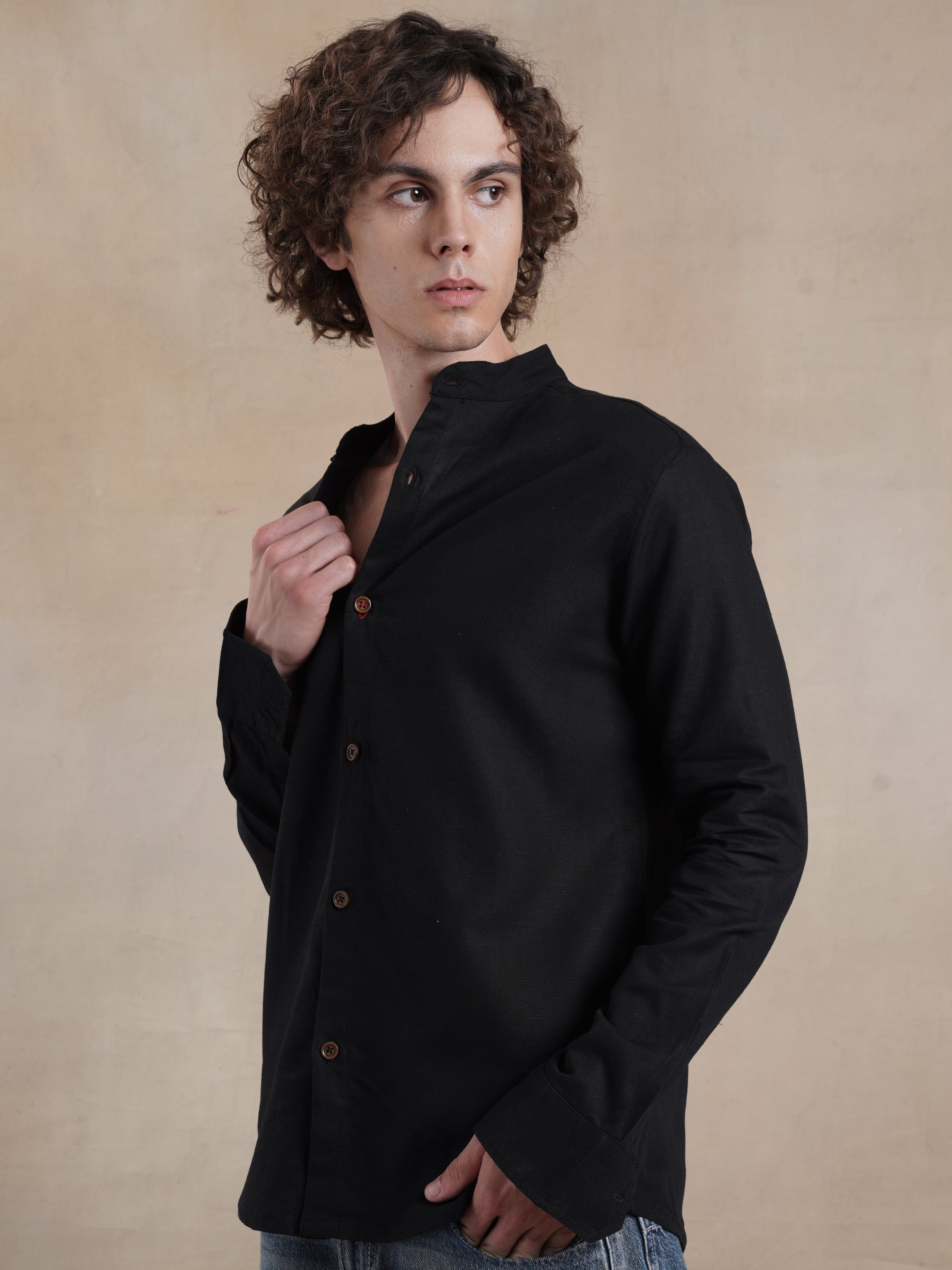 Men's Cotton Linen Embroidered Mandarin Shirt