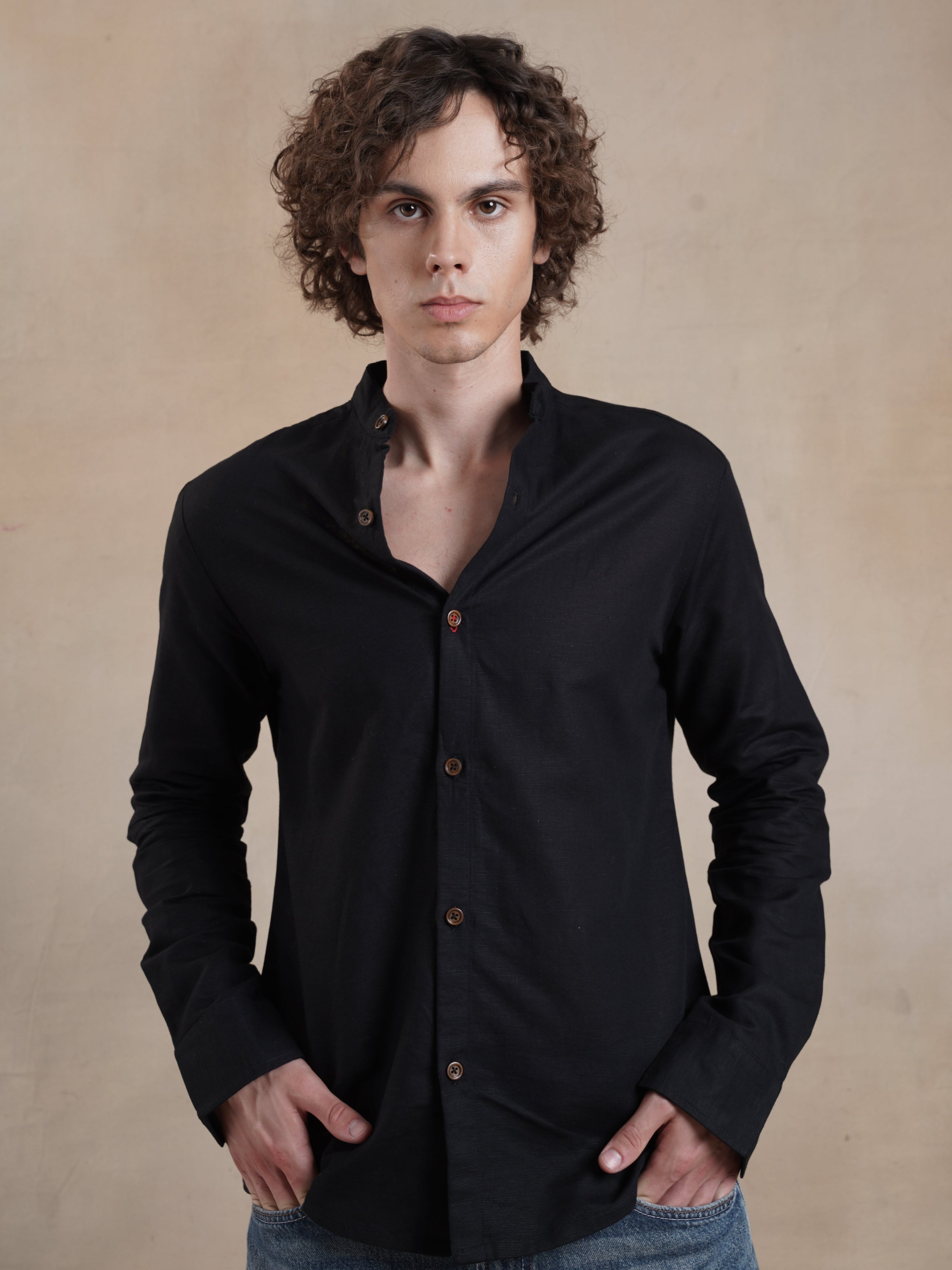 Men's Cotton Linen Embroidered Mandarin Shirt