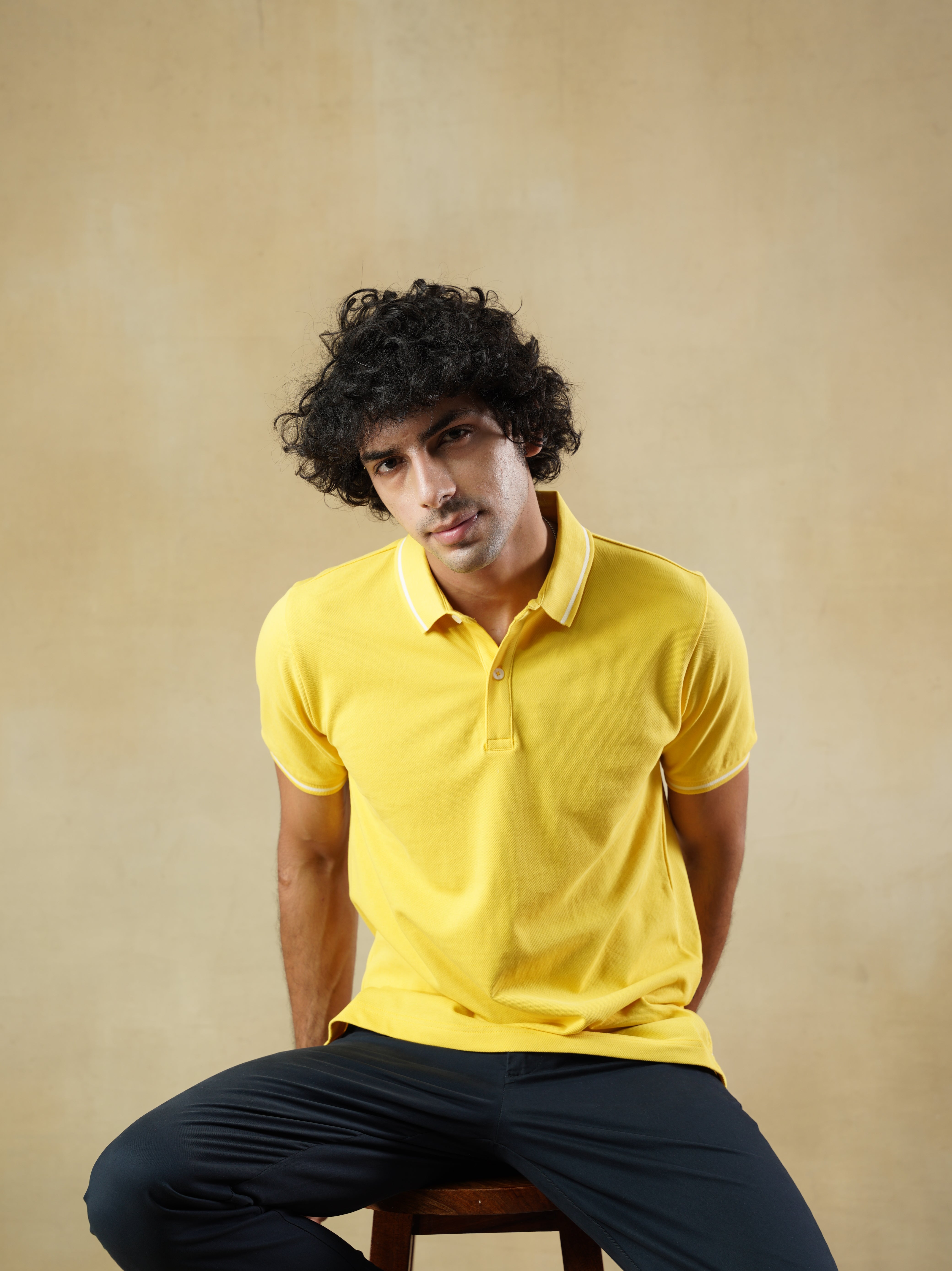 Men's 100% cotton Yellow Polo Neck T-Shirt