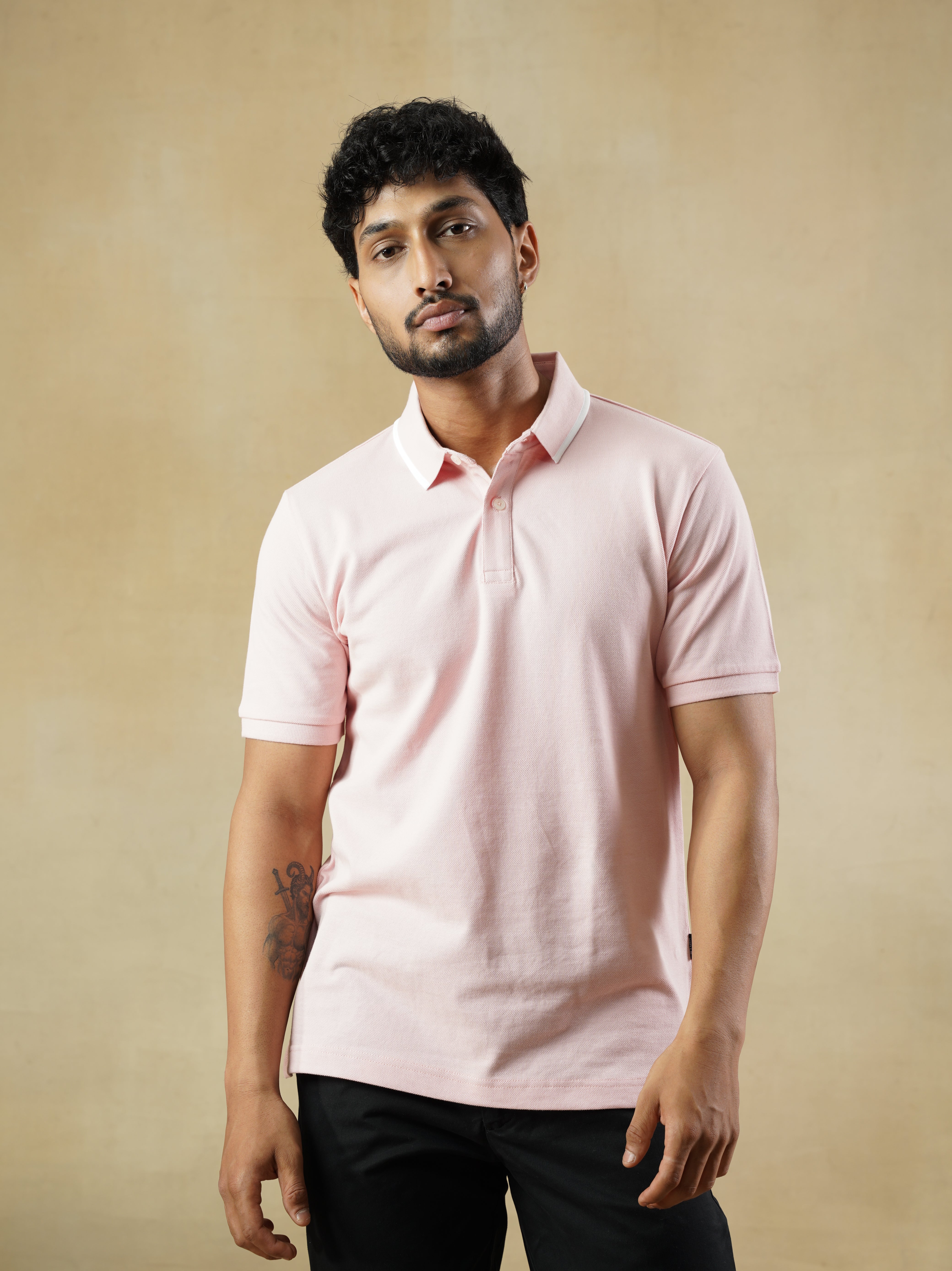 Men's 100% cotton Pink Polo Neck T-Shirt