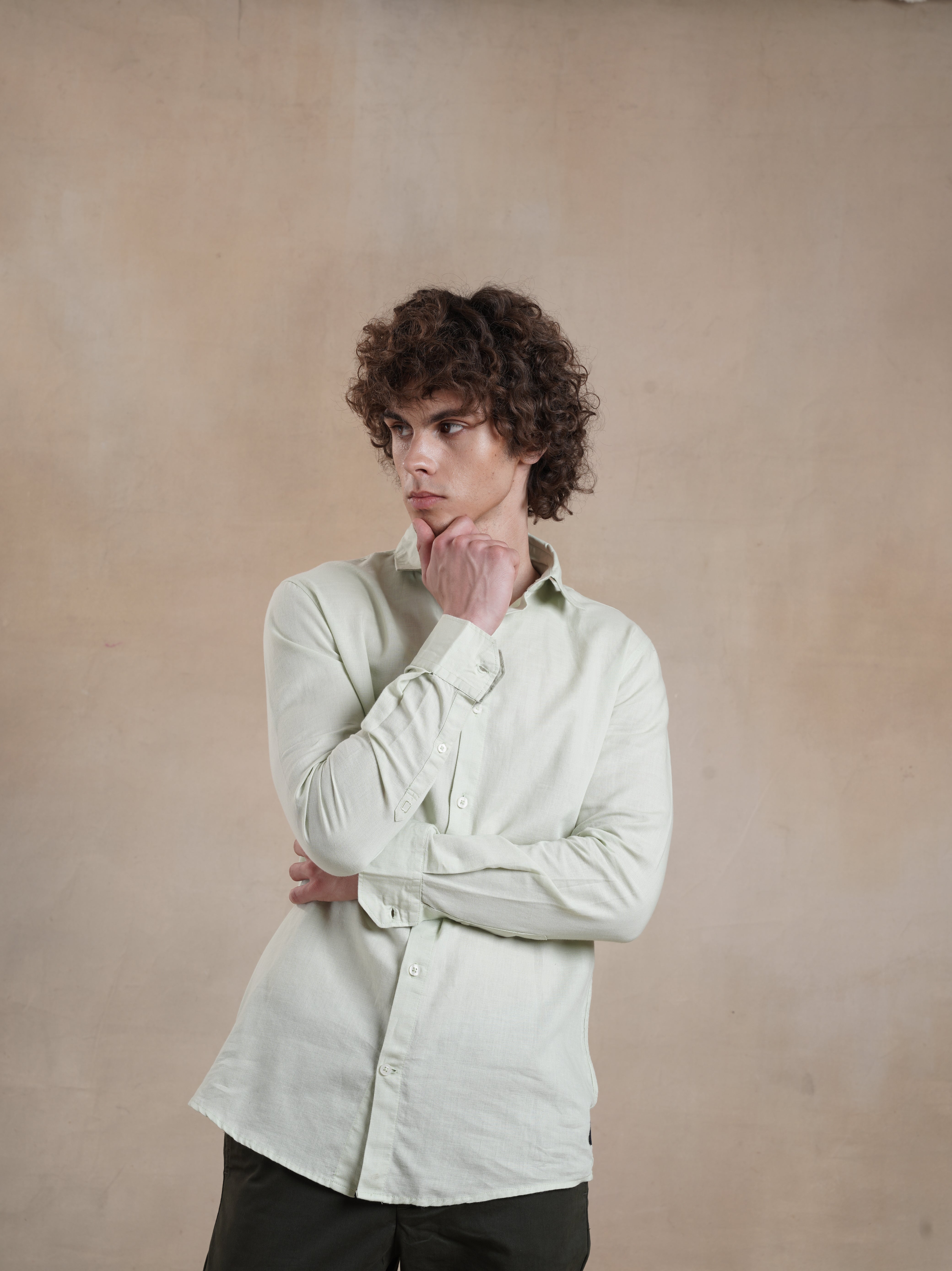 Men's Light Green Full Sleeves Shirt with French Placket