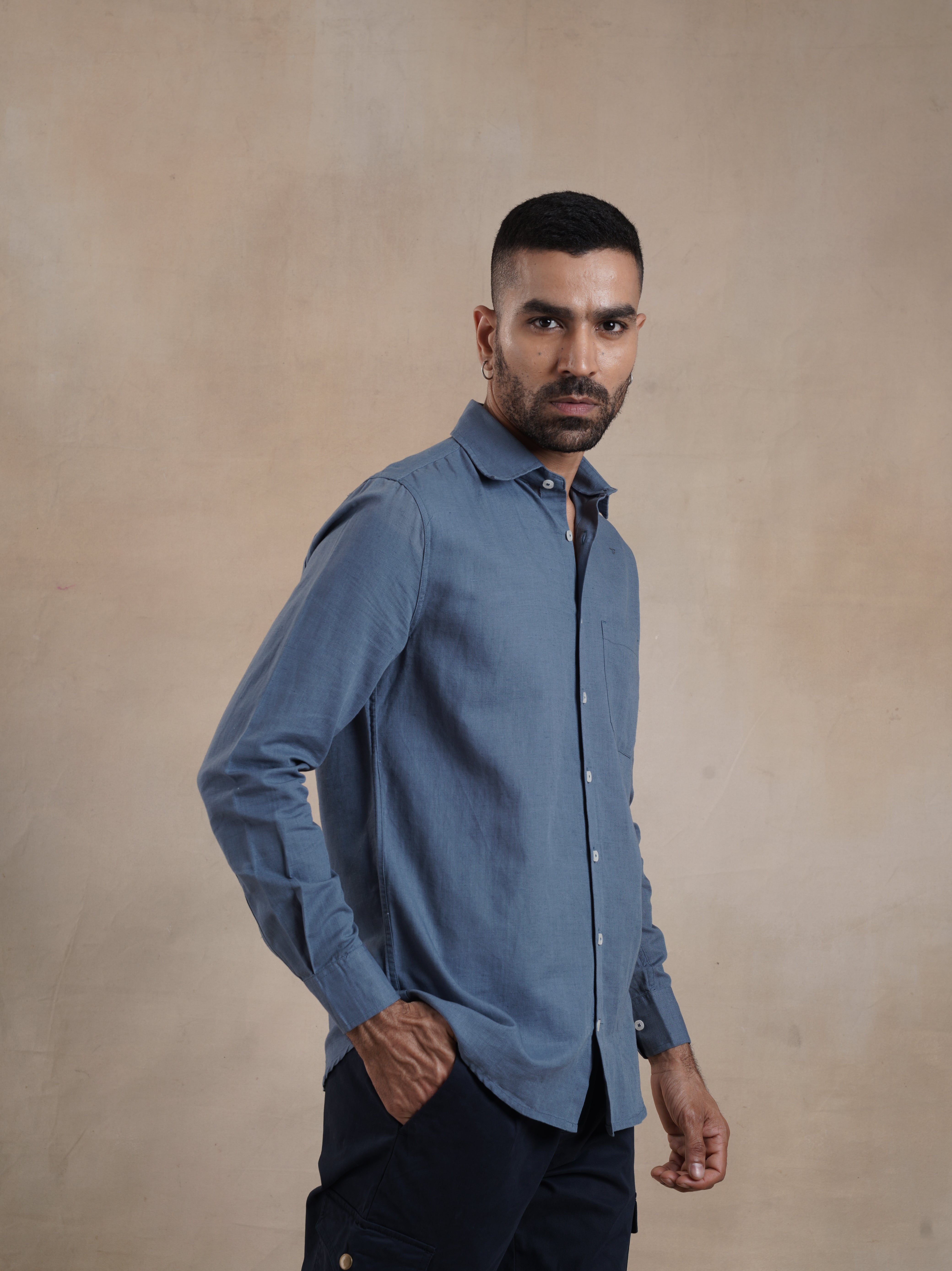 Men's Mid Blue Full Sleeves Shirt with French Placket