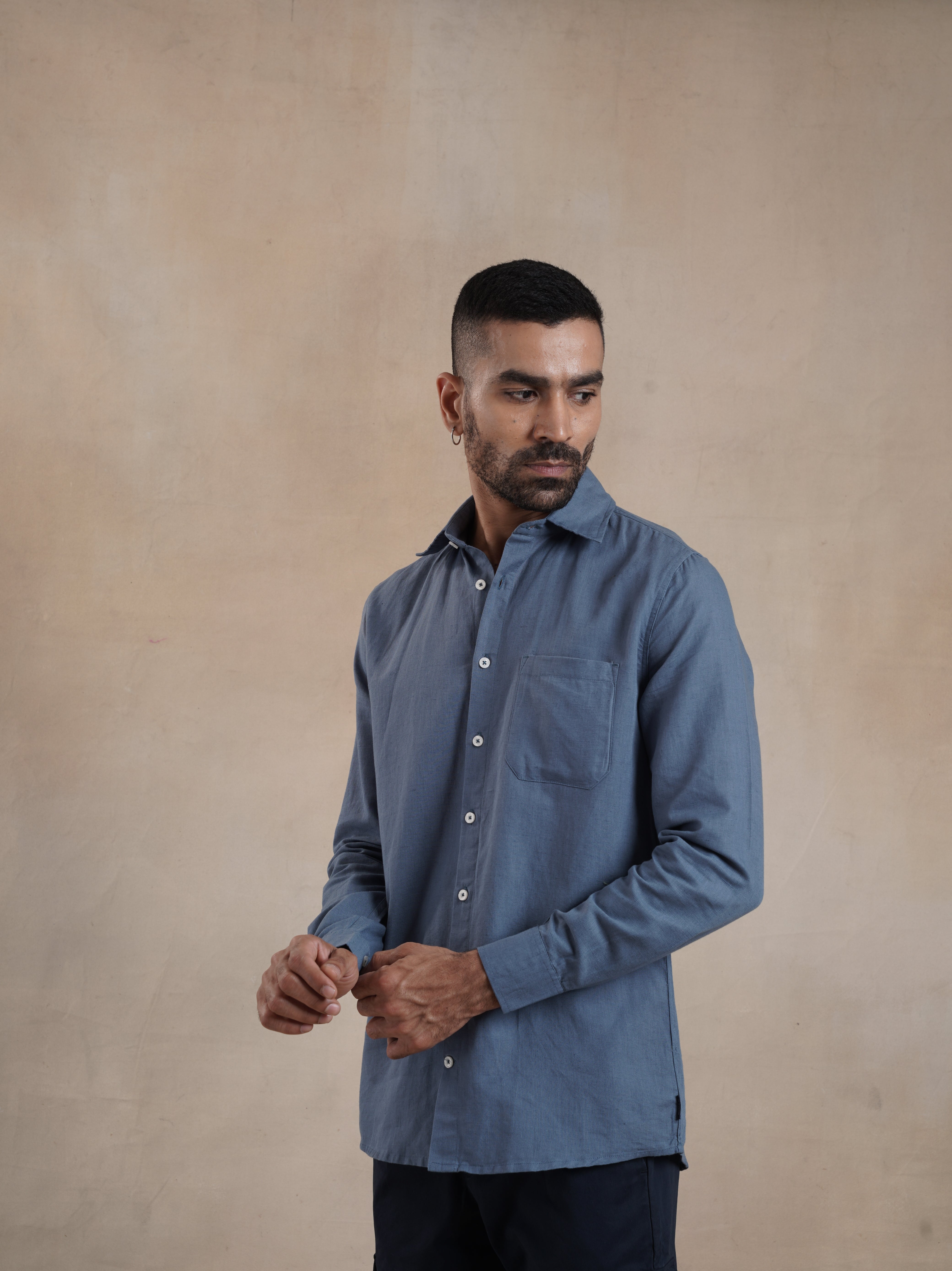 Men's Mid Blue Full Sleeves Shirt with French Placket
