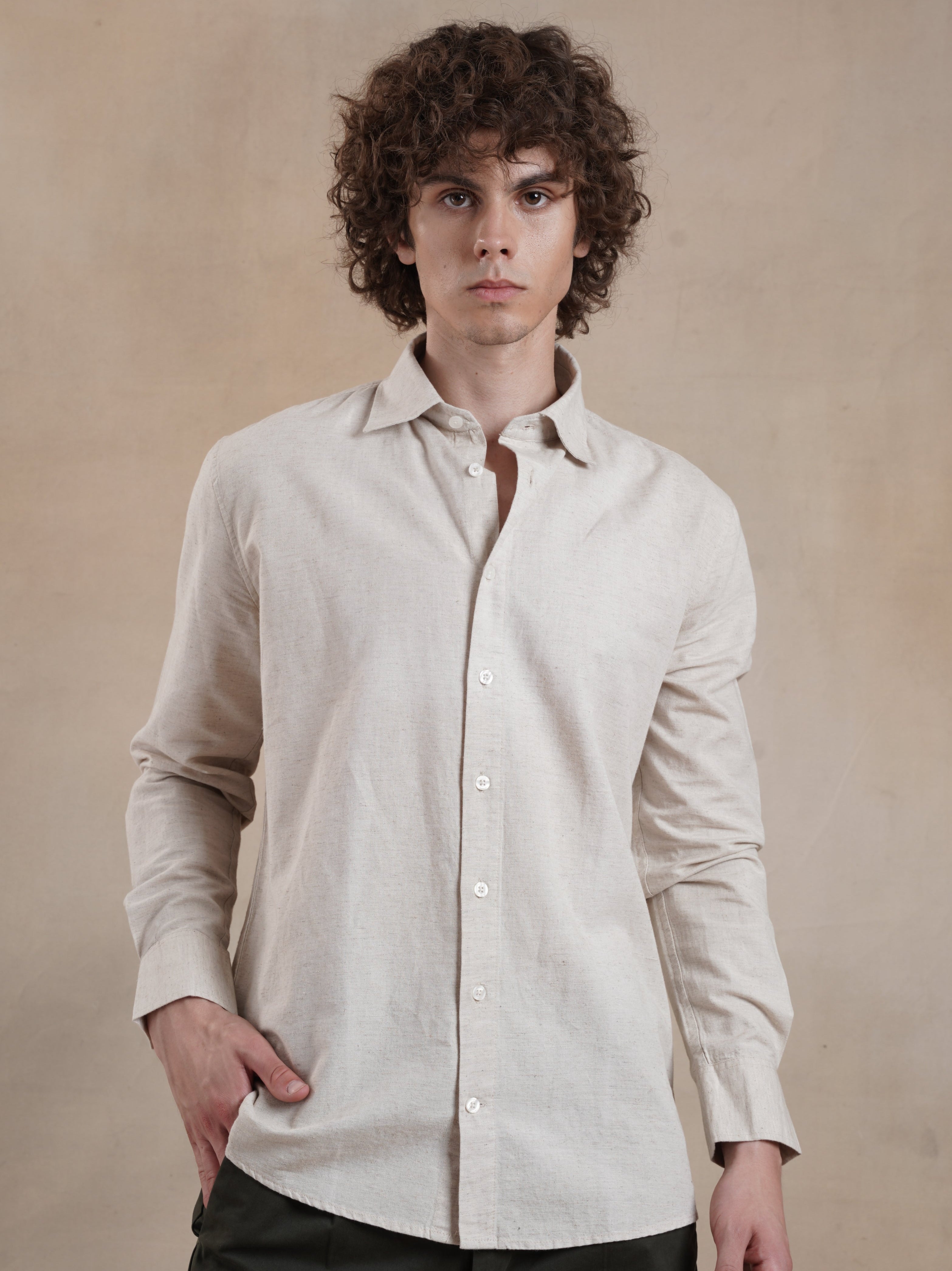 Men's Off White Full Sleeves Shirt with French Placket