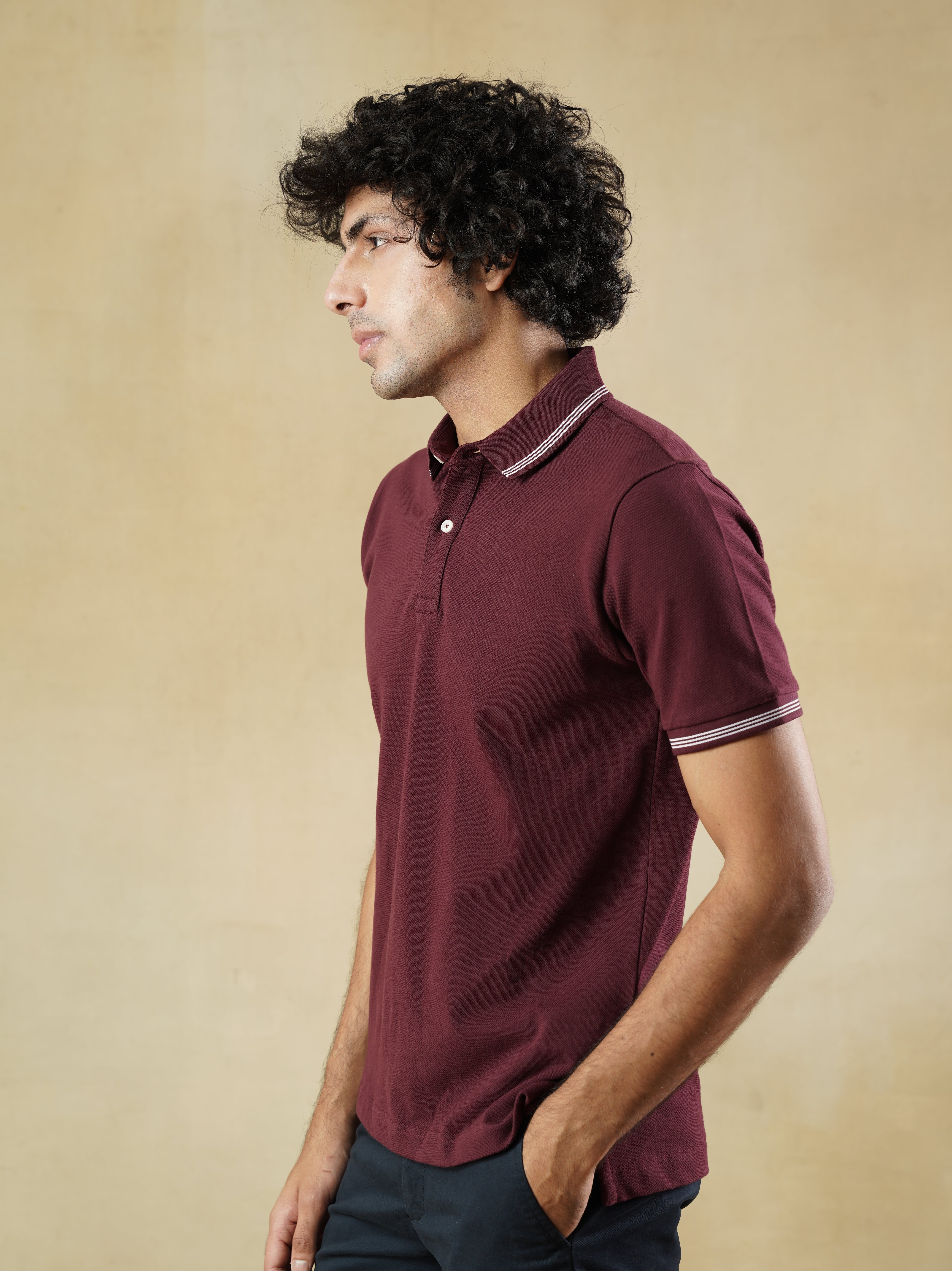 Men's 100% cotton Wine Polo Neck T-Shirt