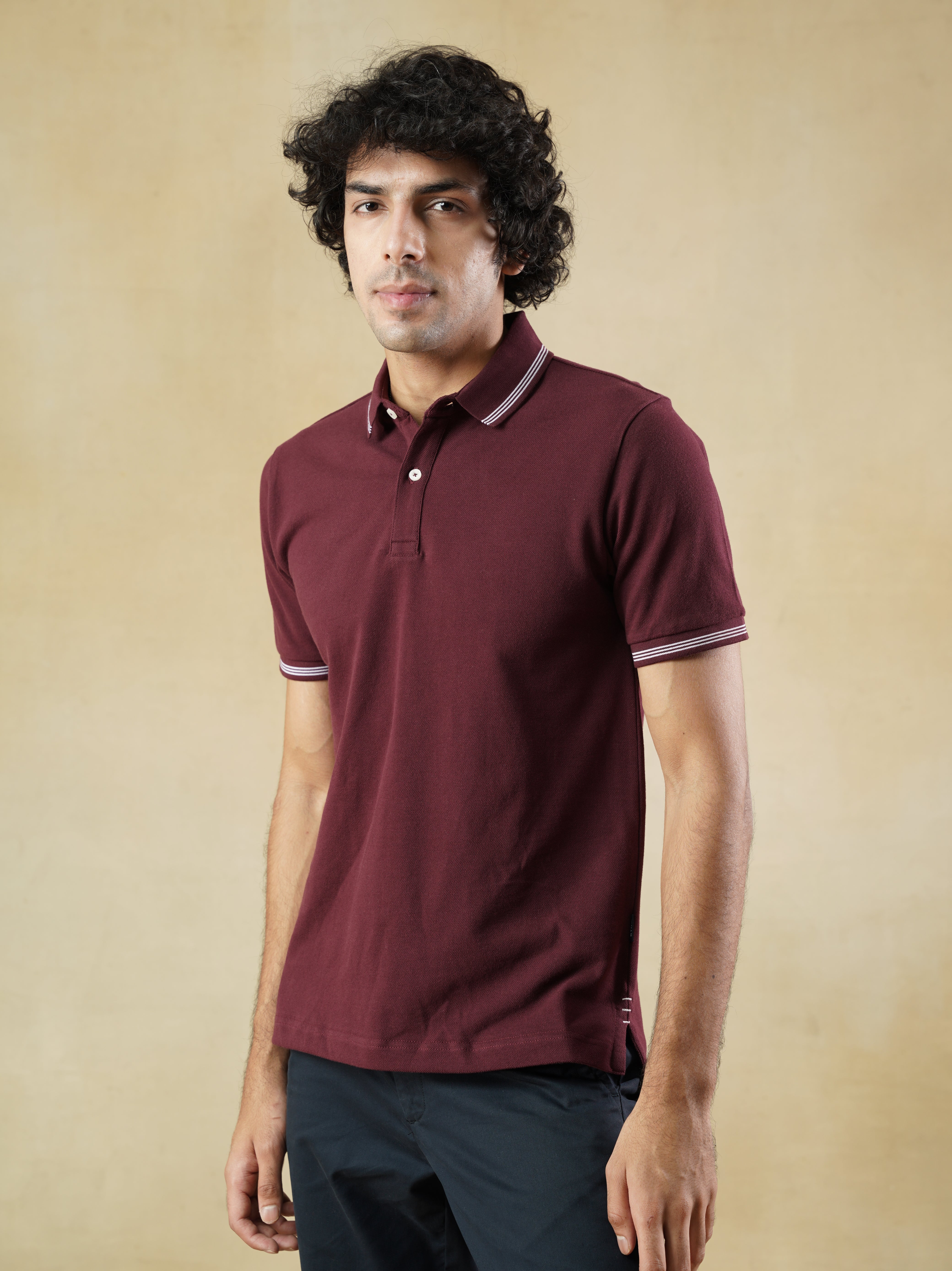 Men's 100% cotton Wine Polo Neck T-Shirt