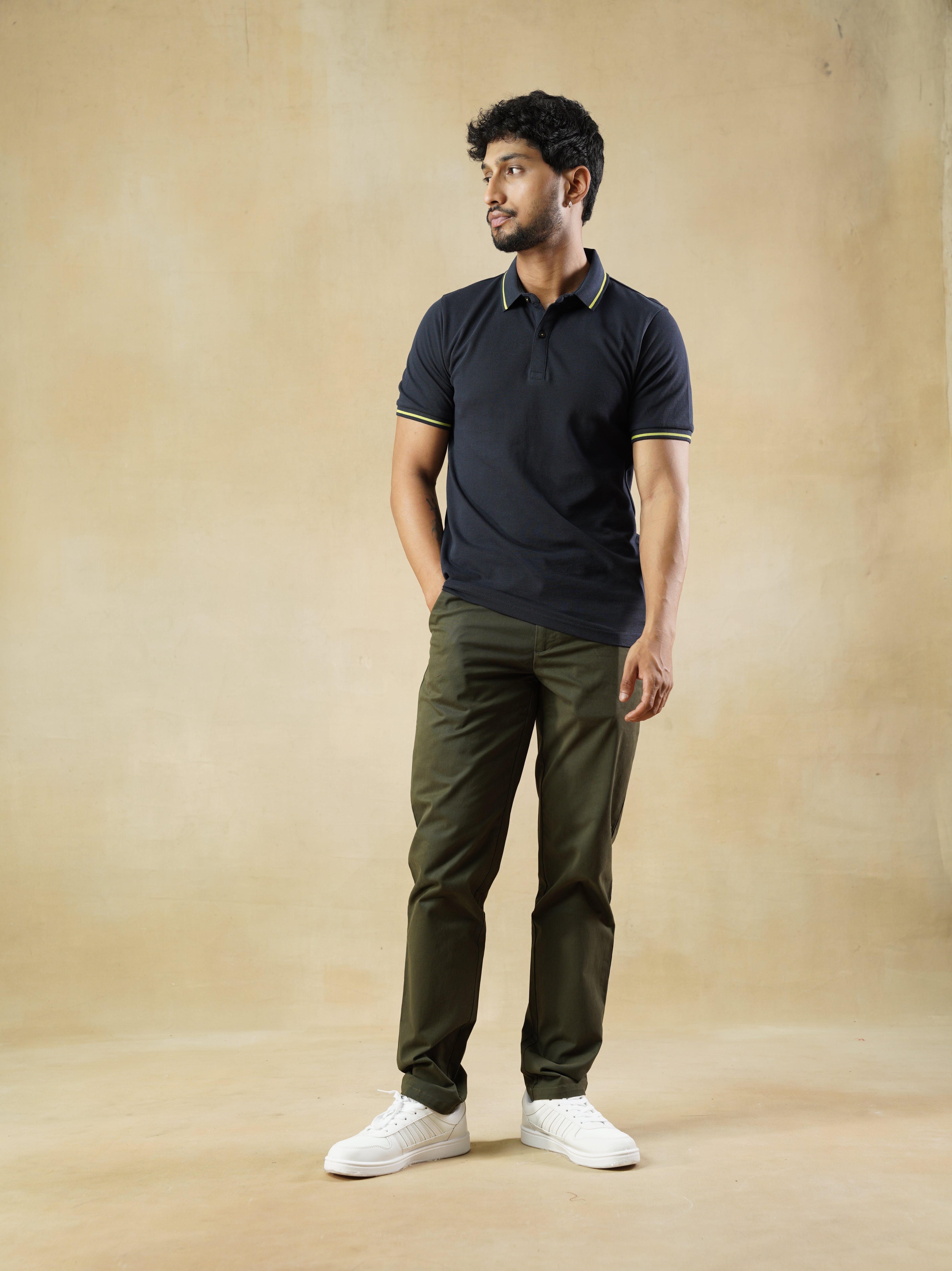 Men’s Navy Cotton Polo T-Shirt with Yellow Contrast Tipping