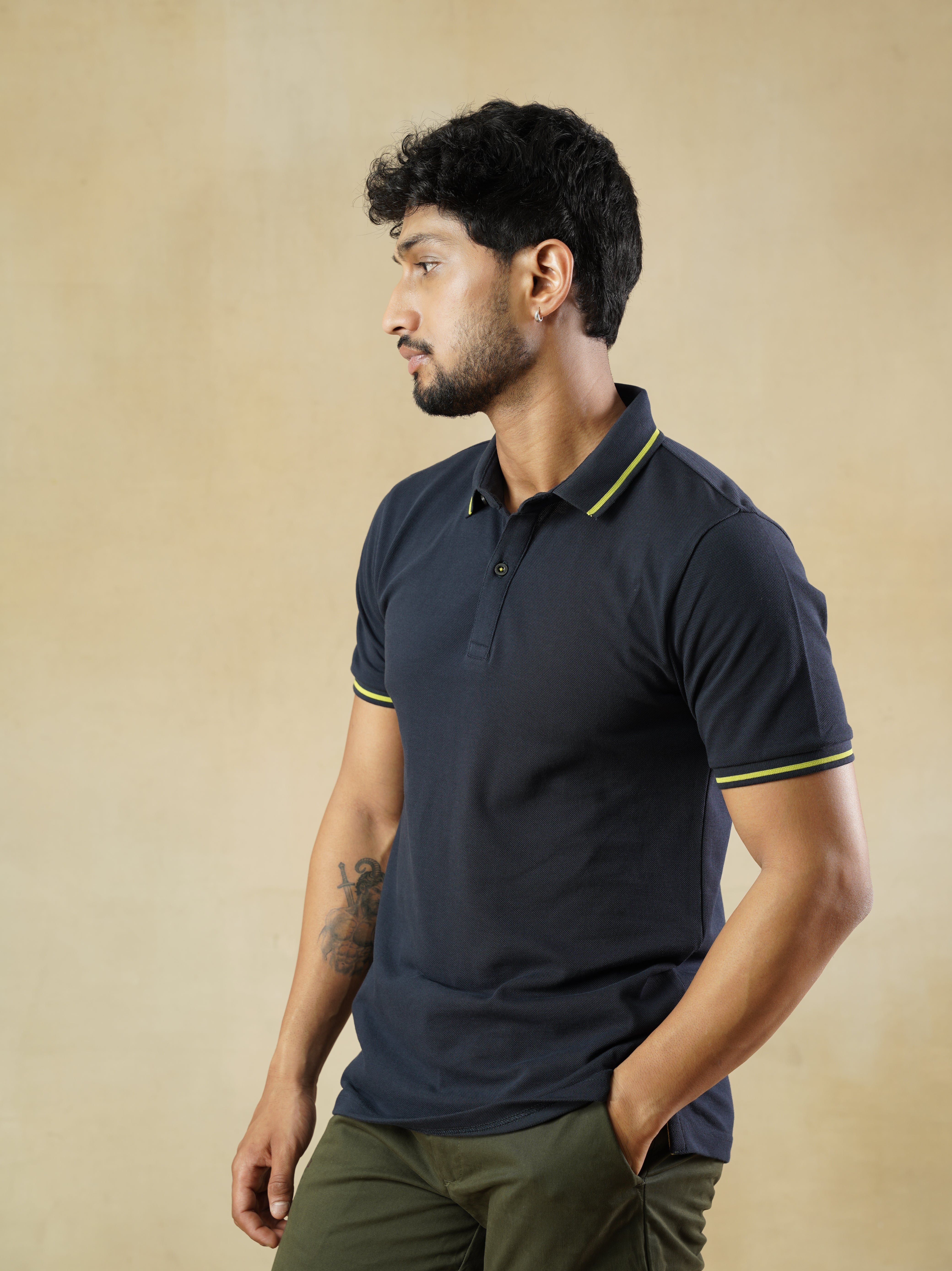 Men’s Navy Cotton Polo T-Shirt with Yellow Contrast Tipping