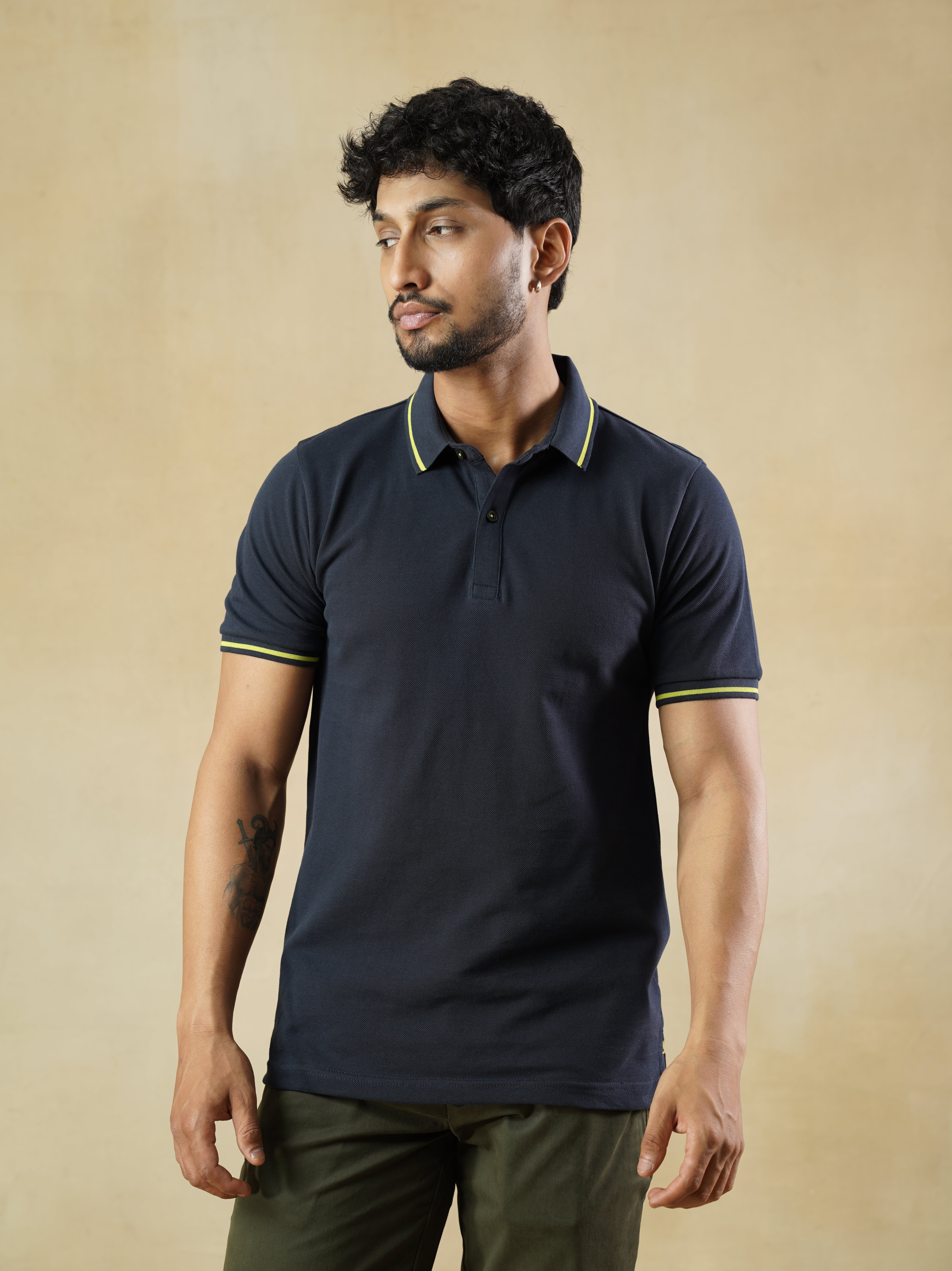 Men’s Navy Cotton Polo T-Shirt with Yellow Contrast Tipping