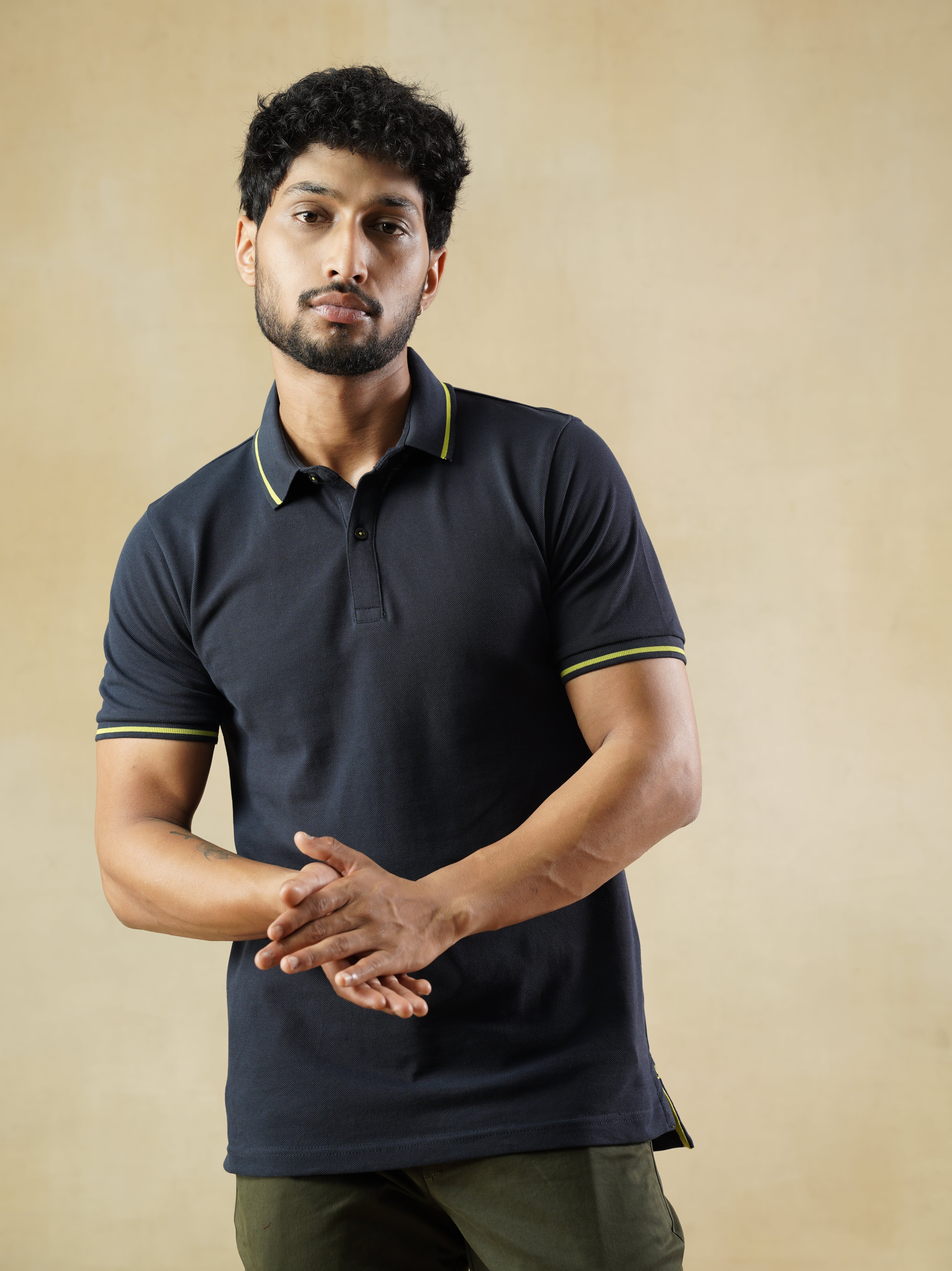 Men’s Navy Cotton Polo T-Shirt with Yellow Contrast Tipping