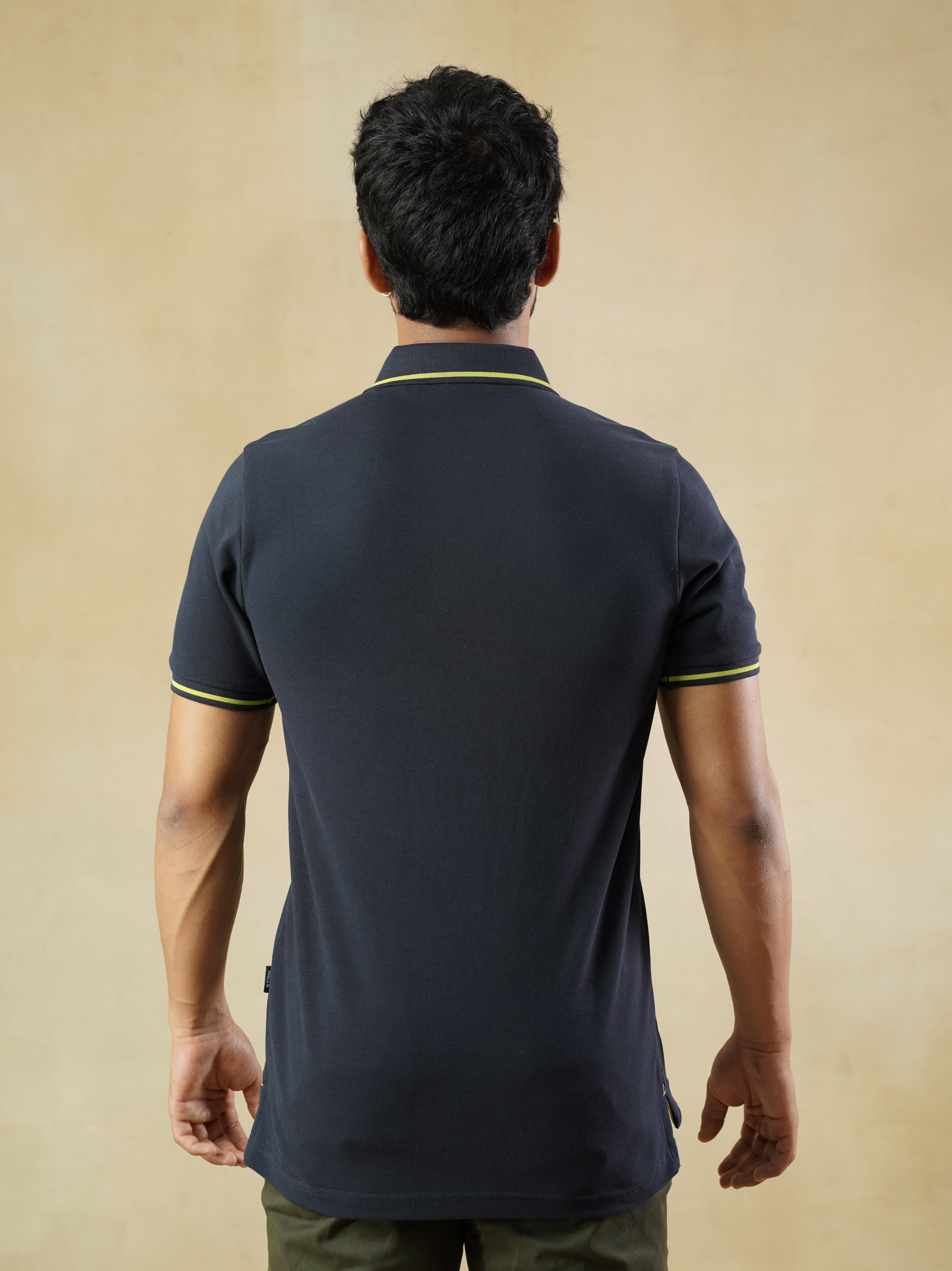 Men’s Navy Cotton Polo T-Shirt with Yellow Contrast Tipping