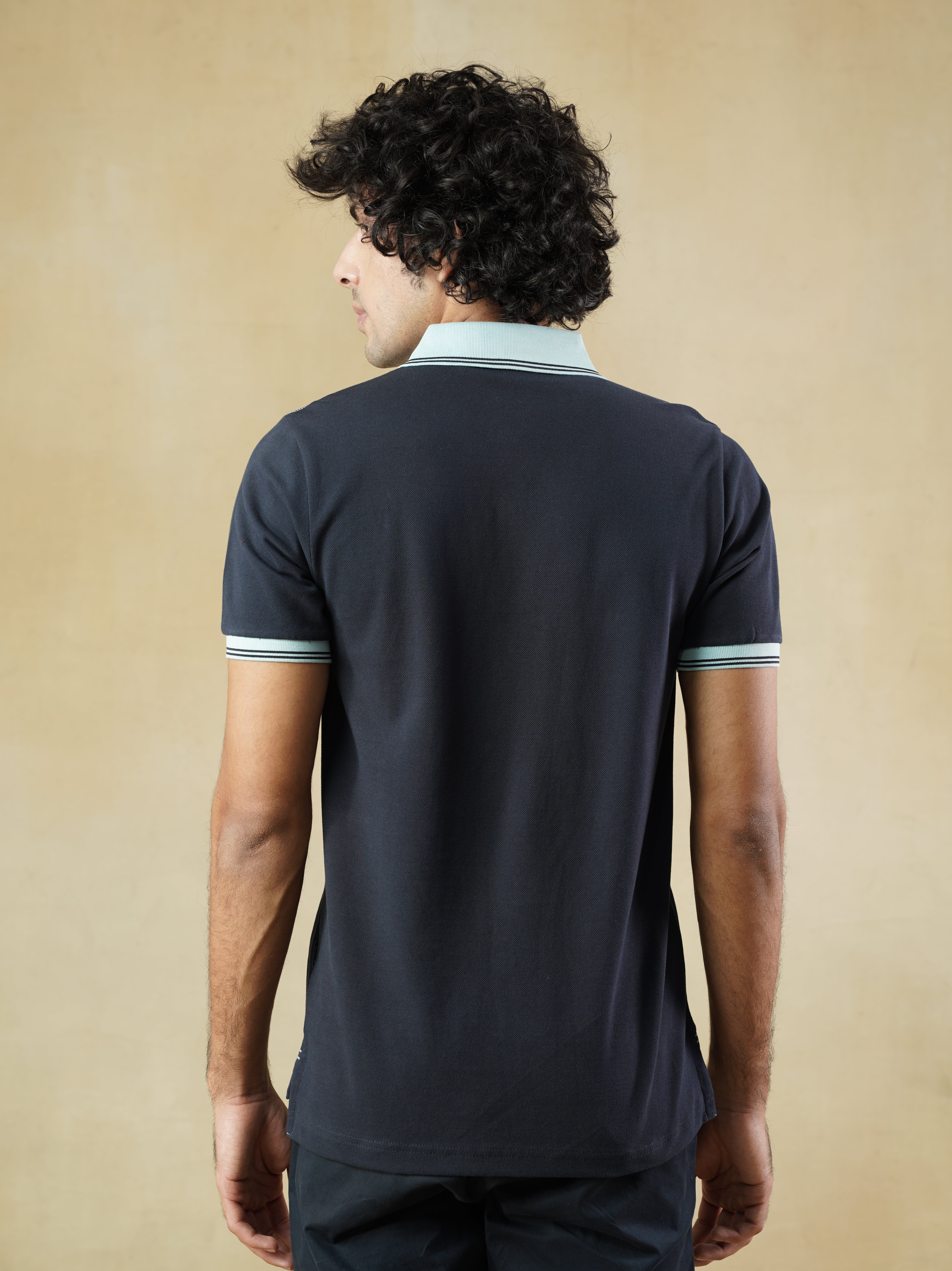 Navy Cotton Polo T-shirt with Contrast Collar